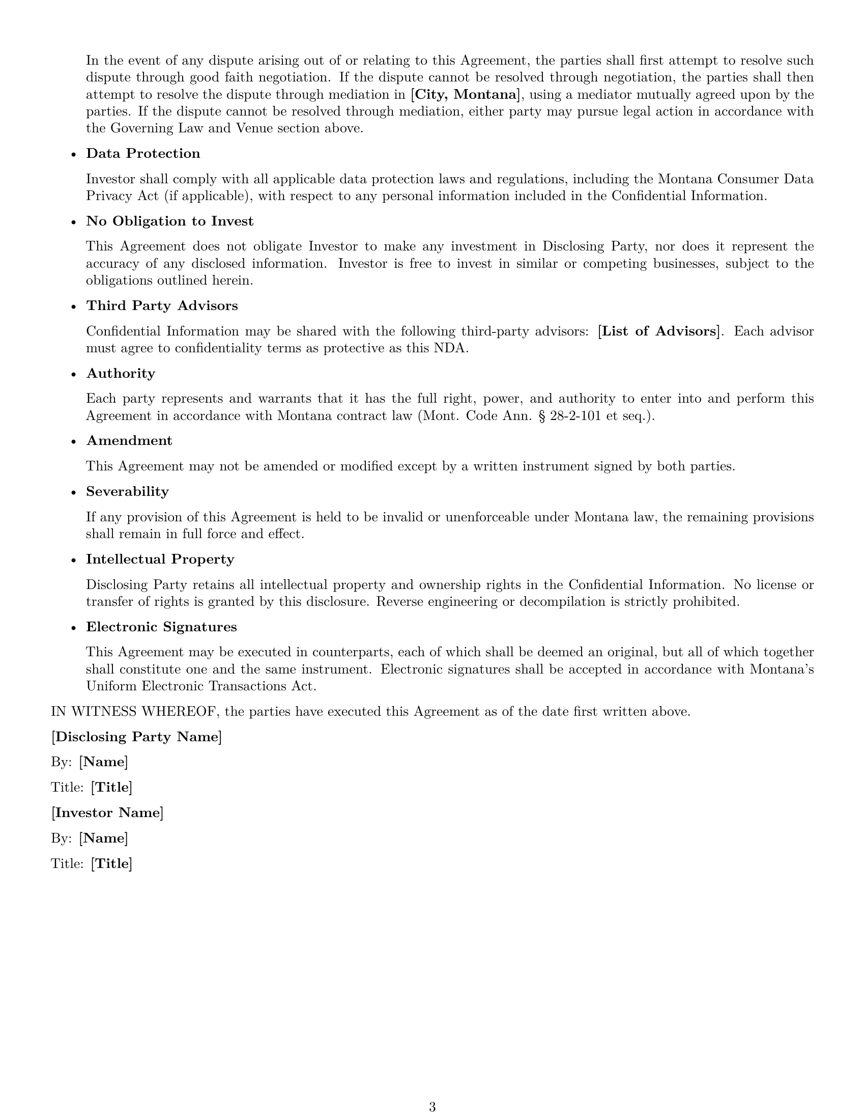 Preview page 3 of Free Montana investor nda template