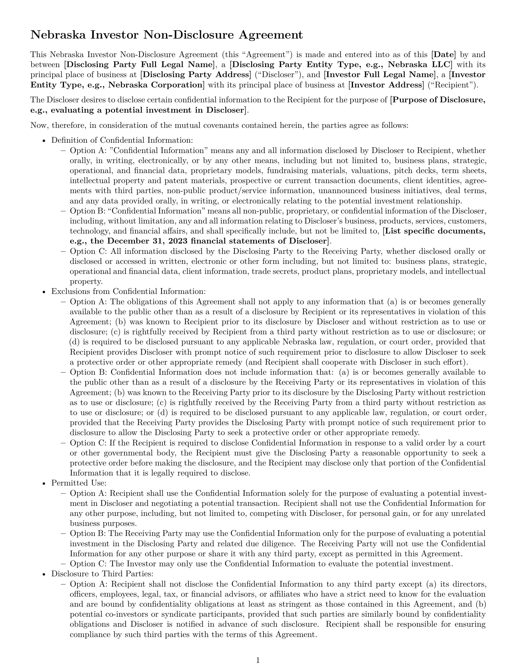 Preview page 1 of Free Nebraska investor nda template