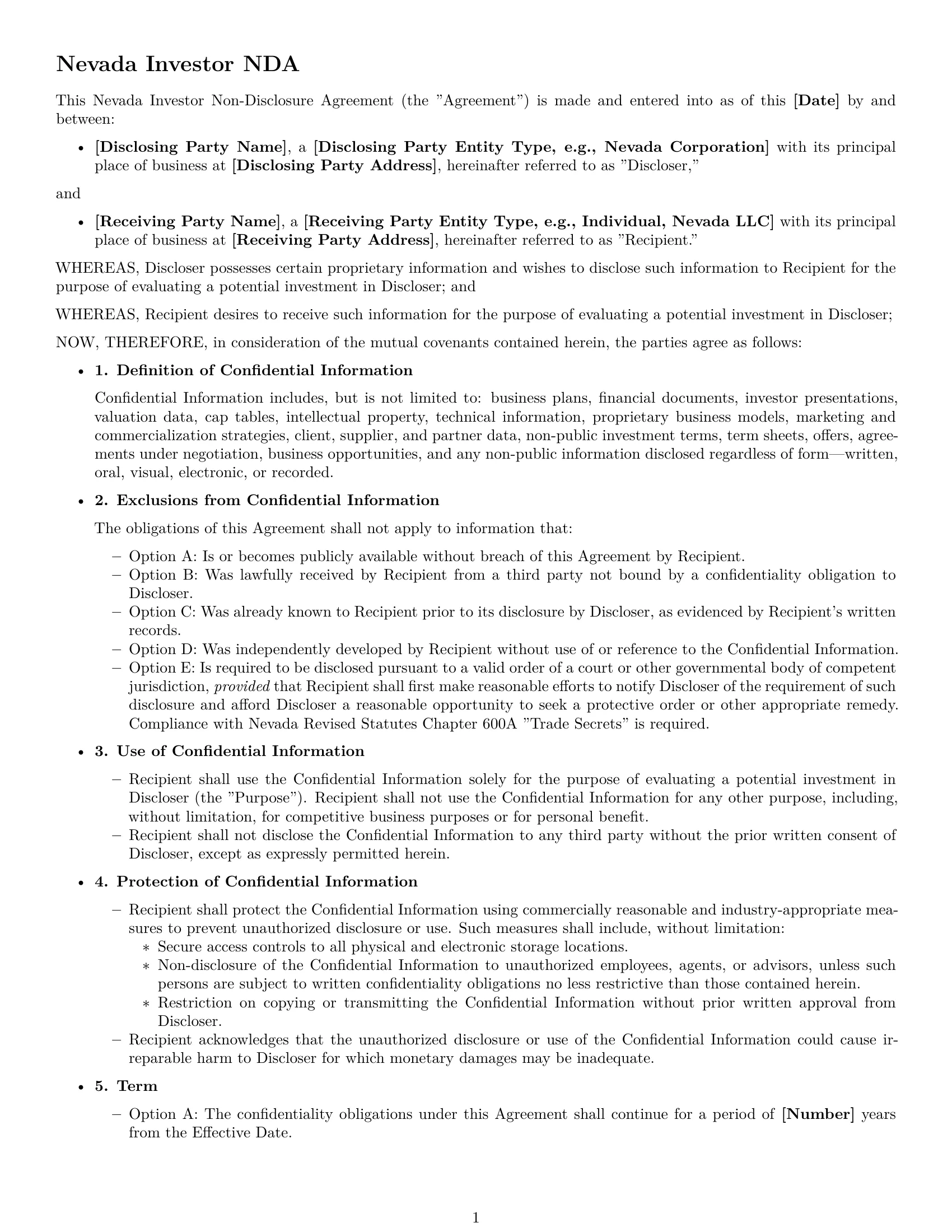 Preview page 1 of Free Nevada investor nda template