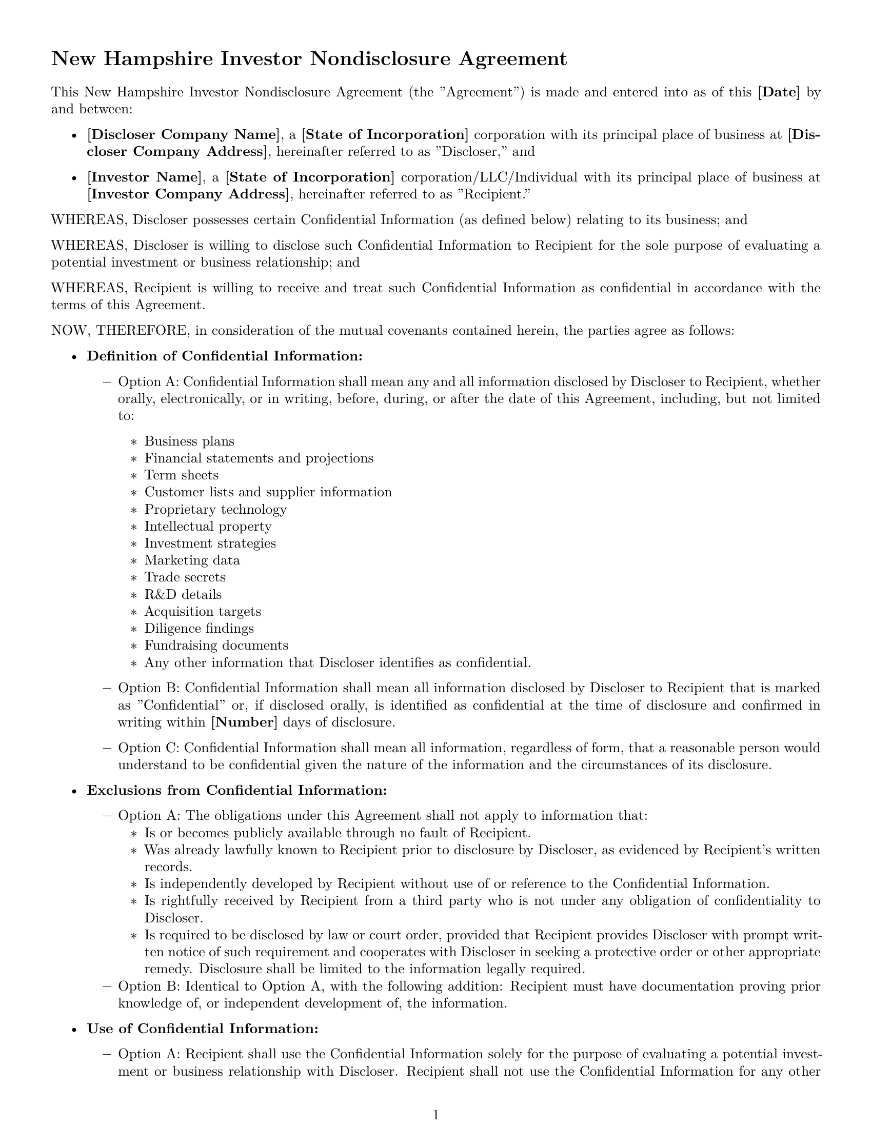 Preview page 1 of Free New Hampshire investor nda template