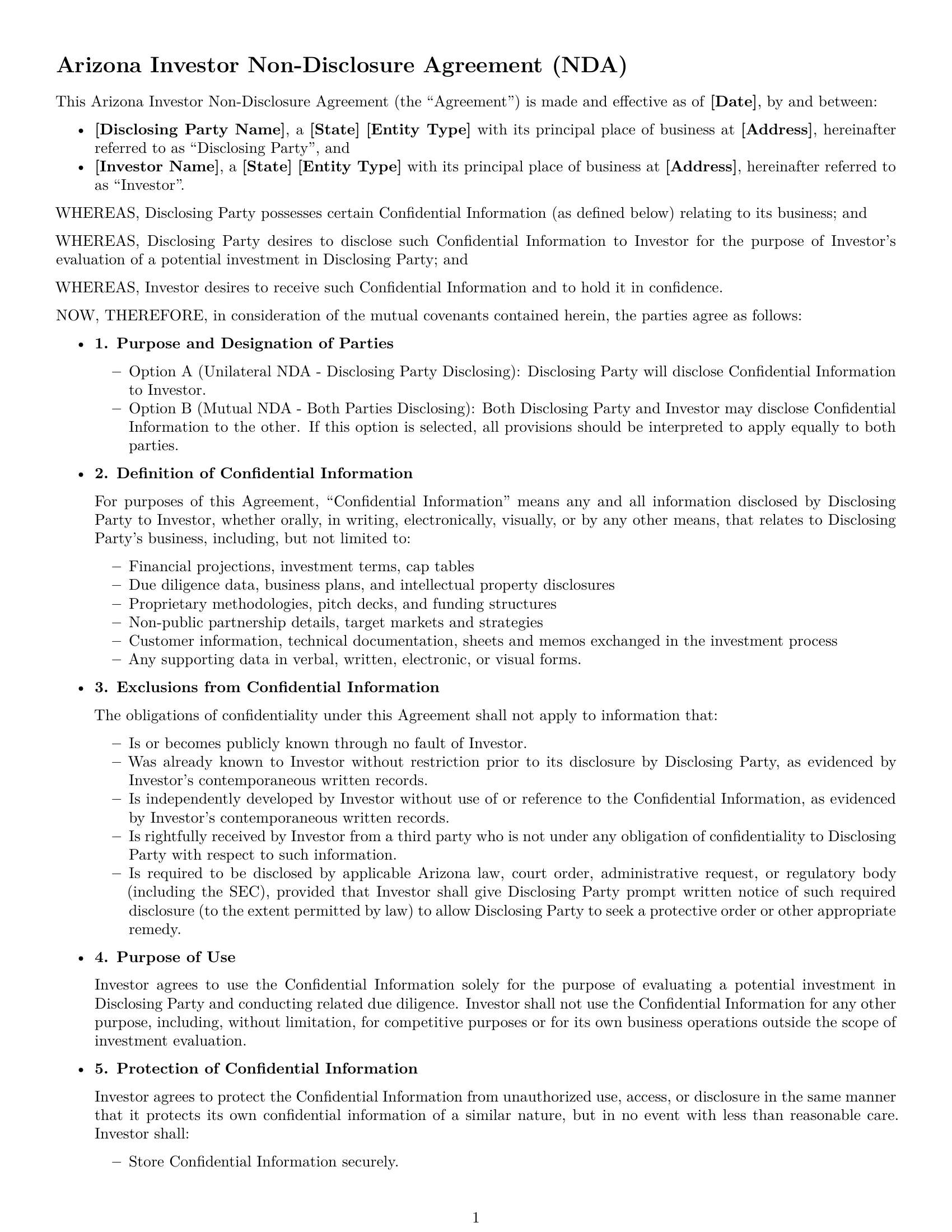 Preview page 1 of Free Arizona investor nda template