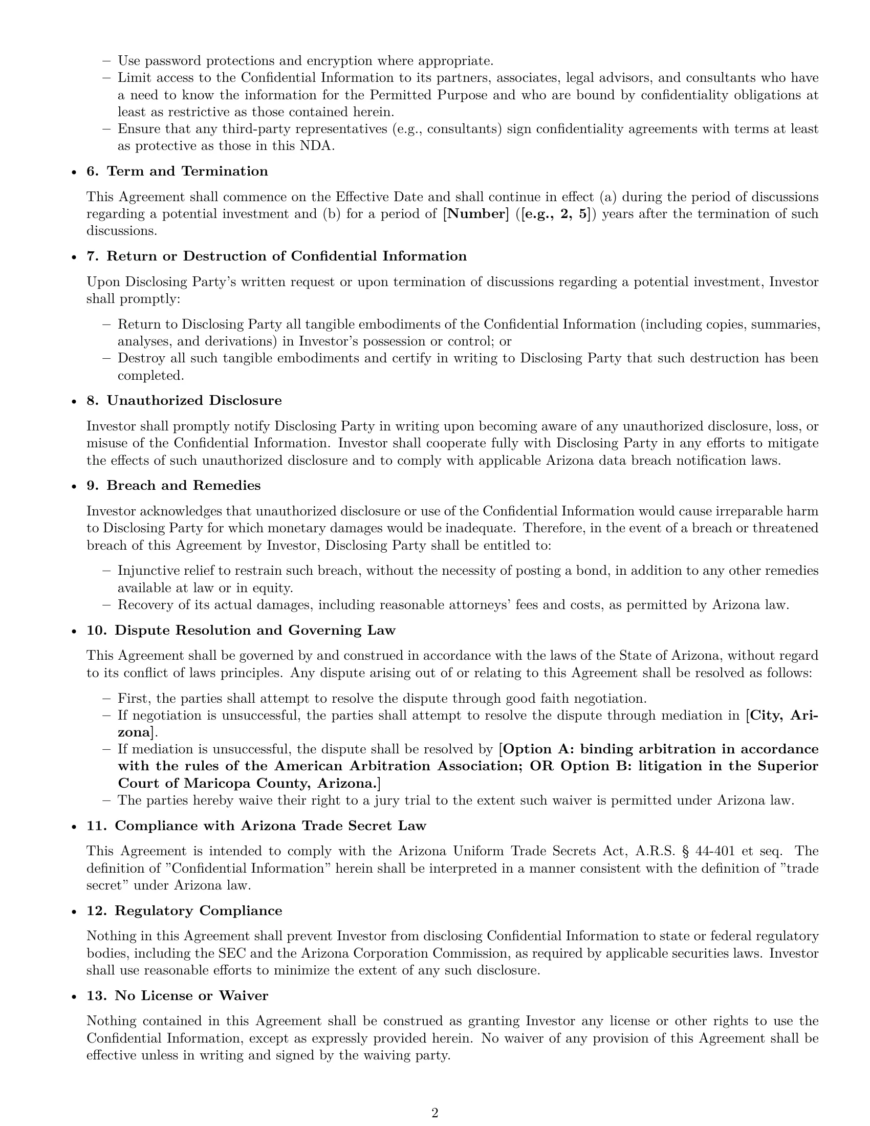 Preview page 2 of Free Arizona investor nda template