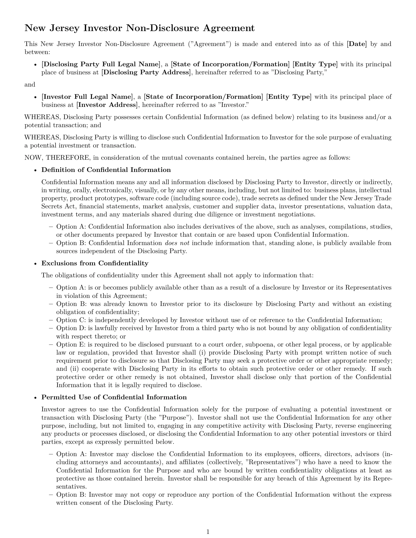 Preview page 1 of Free New Jersey investor nda template