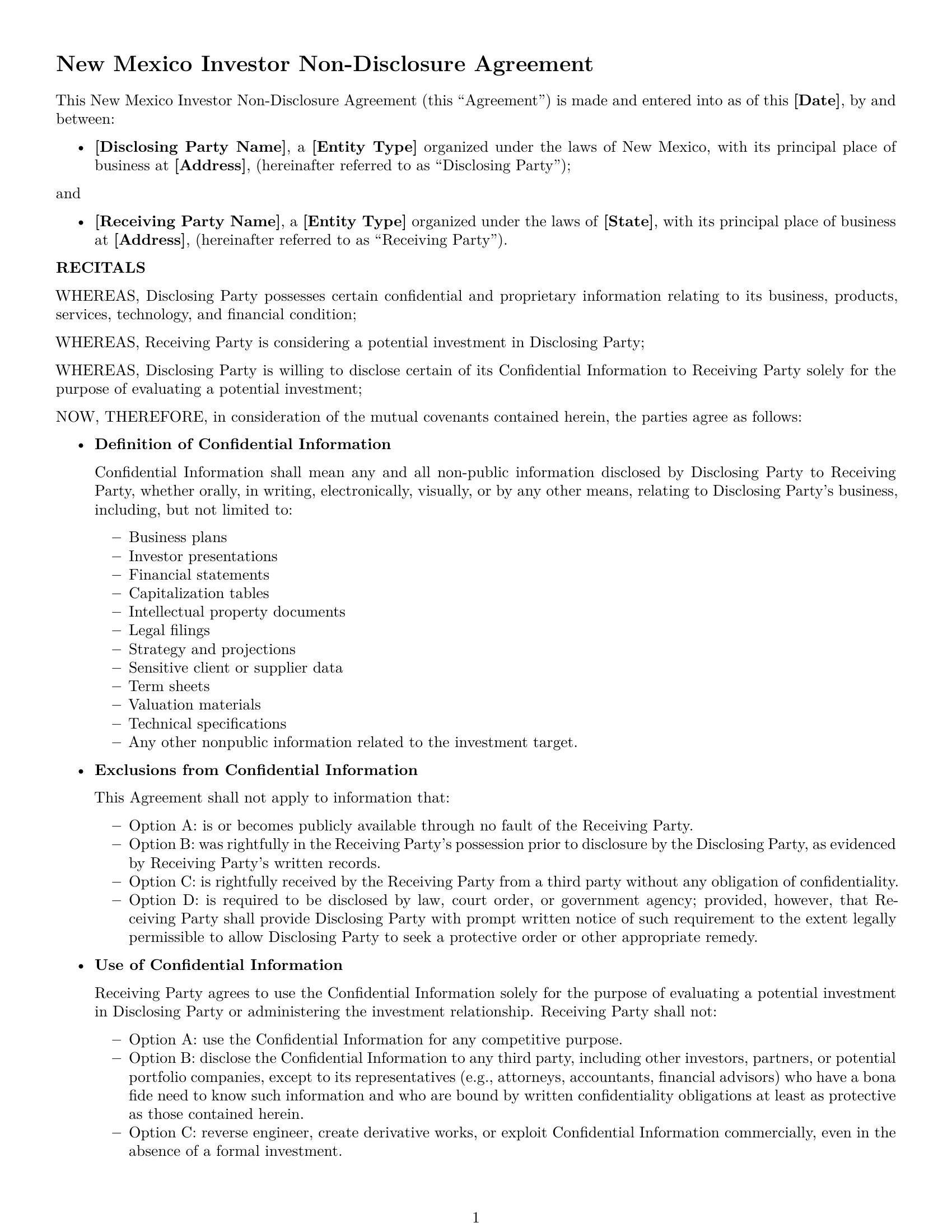 Preview page 1 of Free New Mexico investor nda template