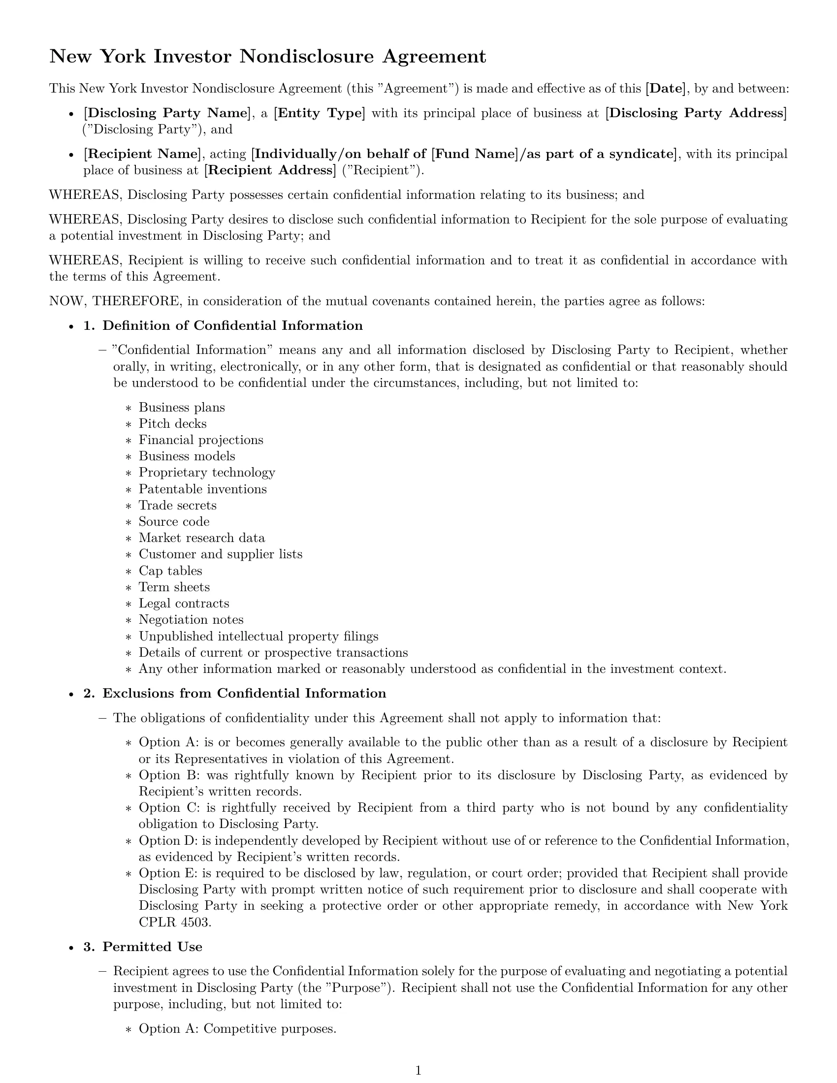 Preview page 1 of Free New York investor nda template