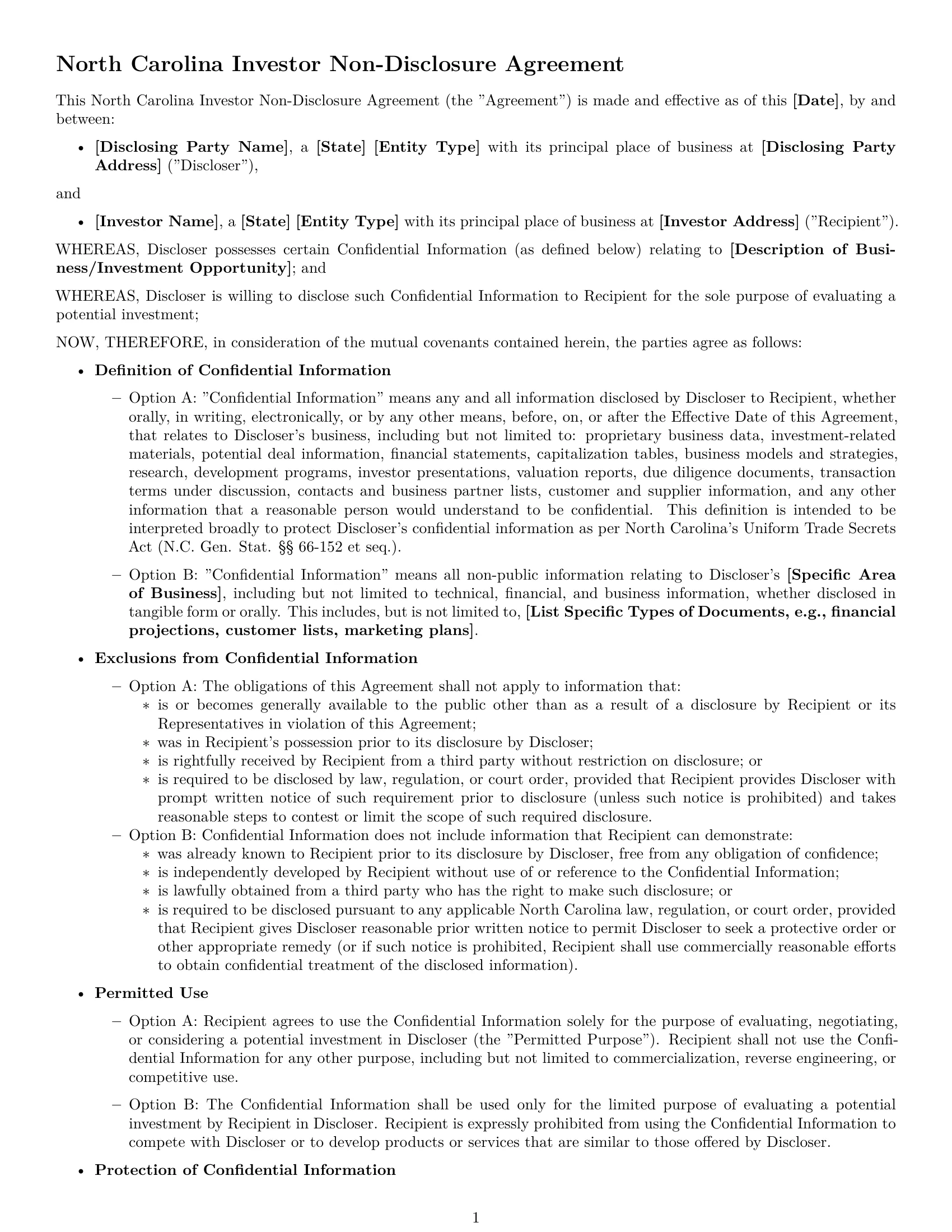 Preview page 1 of Free North Carolina investor nda template