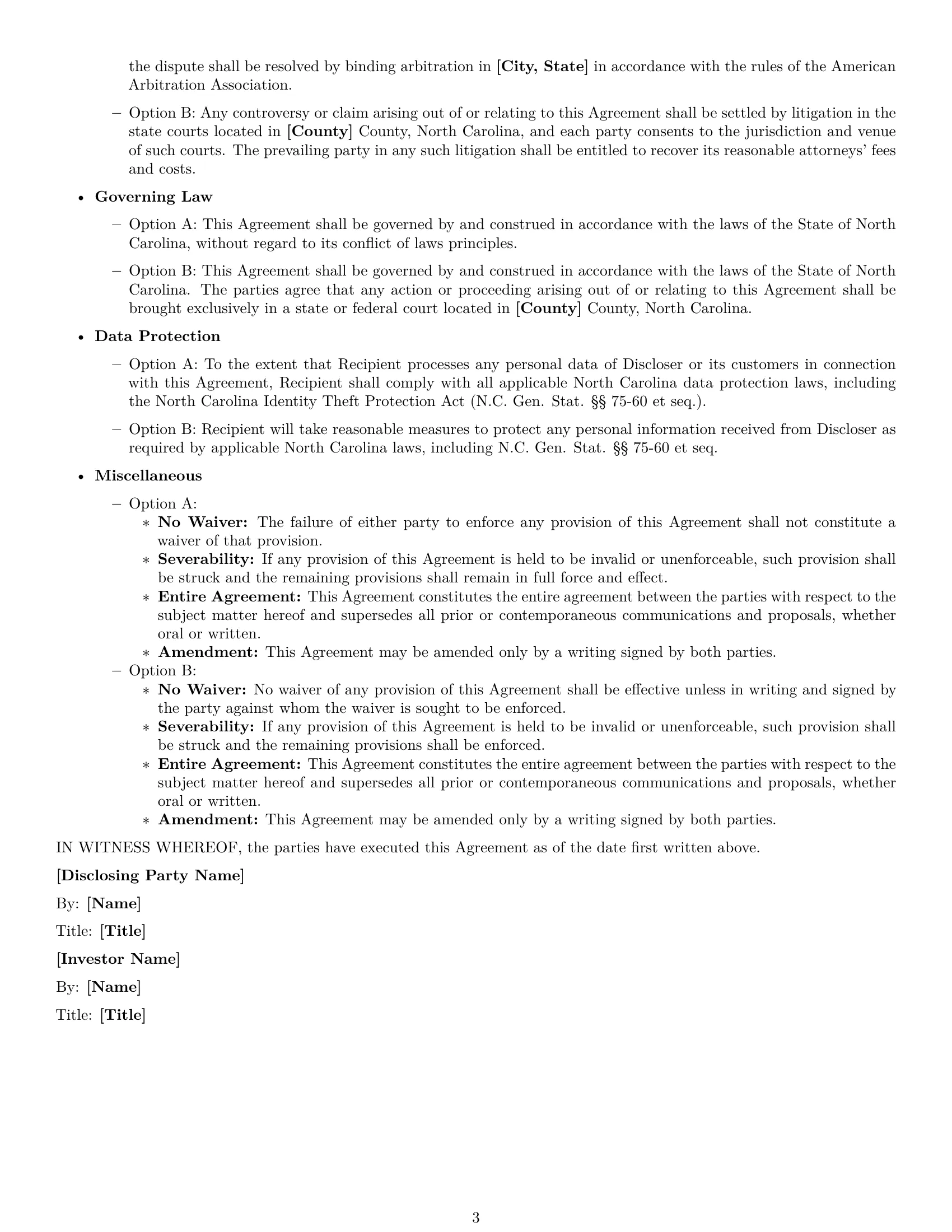 Preview page 3 of Free North Carolina investor nda template