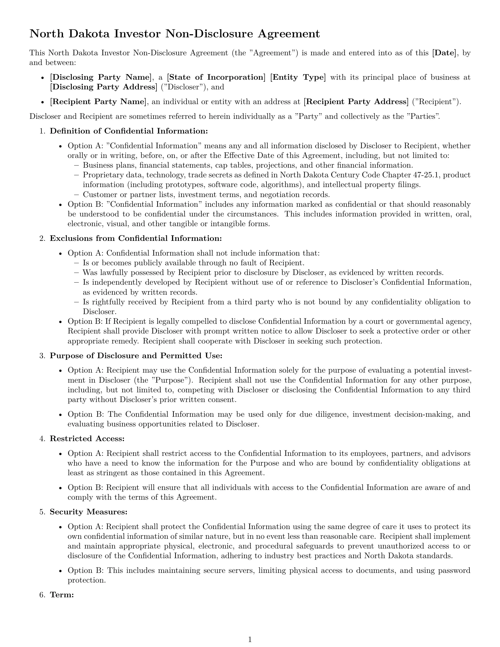 Preview page 1 of Free North Dakota investor nda template