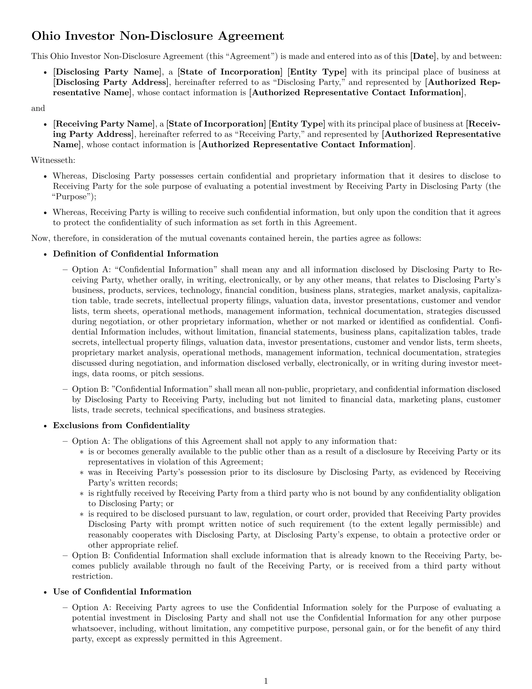 Preview page 1 of Free Ohio investor nda template