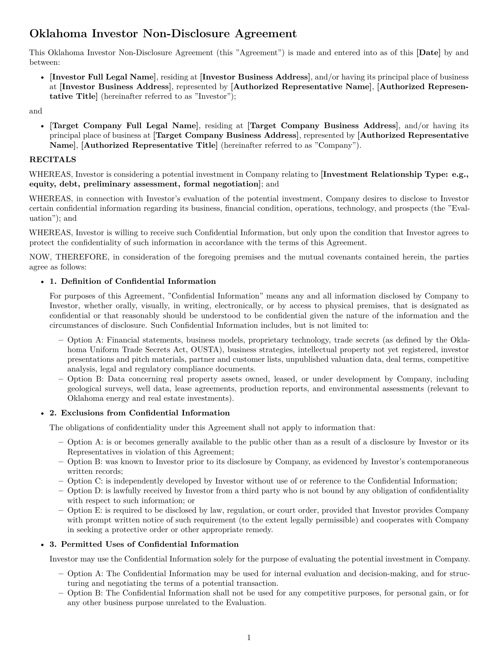 Preview page 1 of Free Oklahoma investor nda template