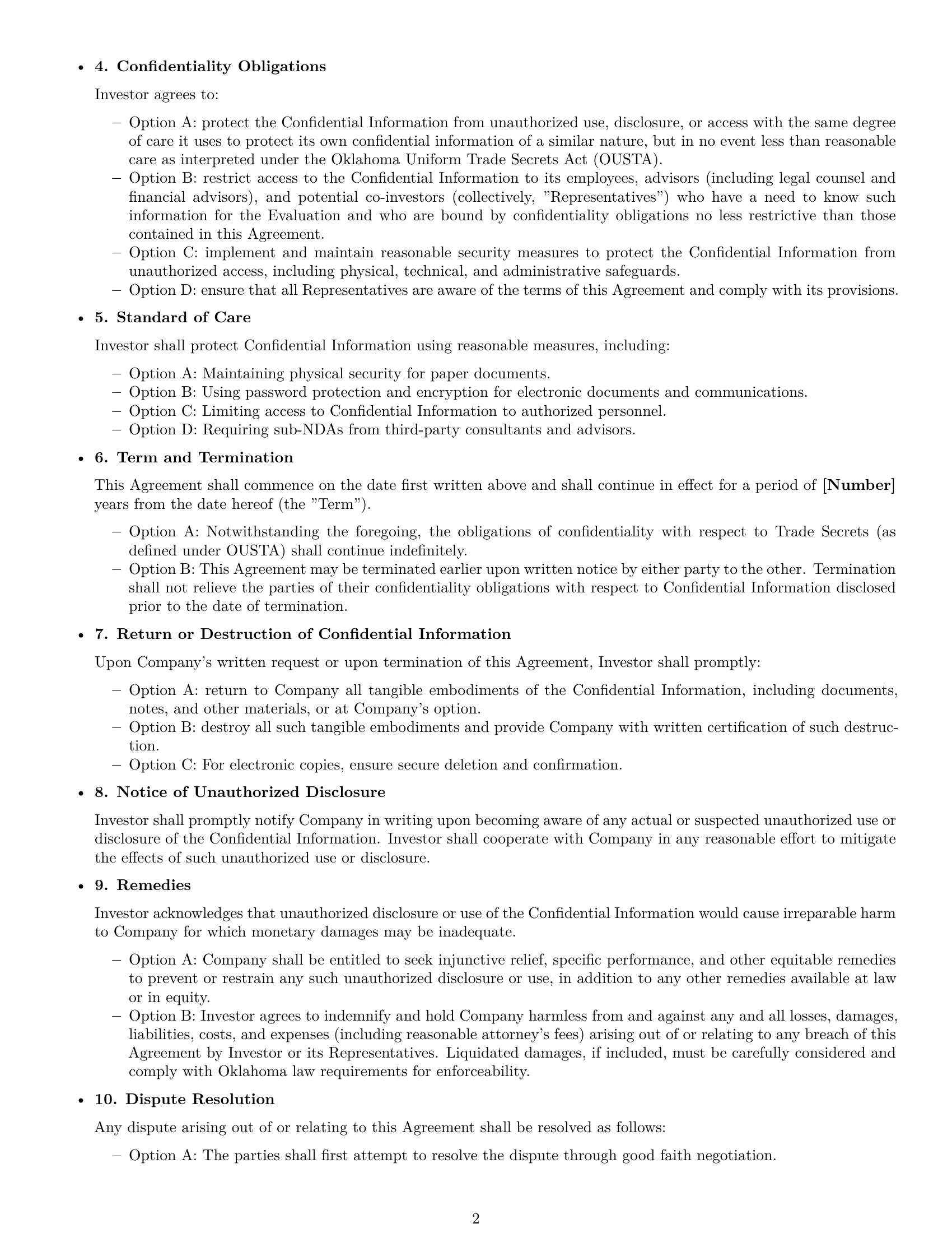 Preview page 2 of Free Oklahoma investor nda template