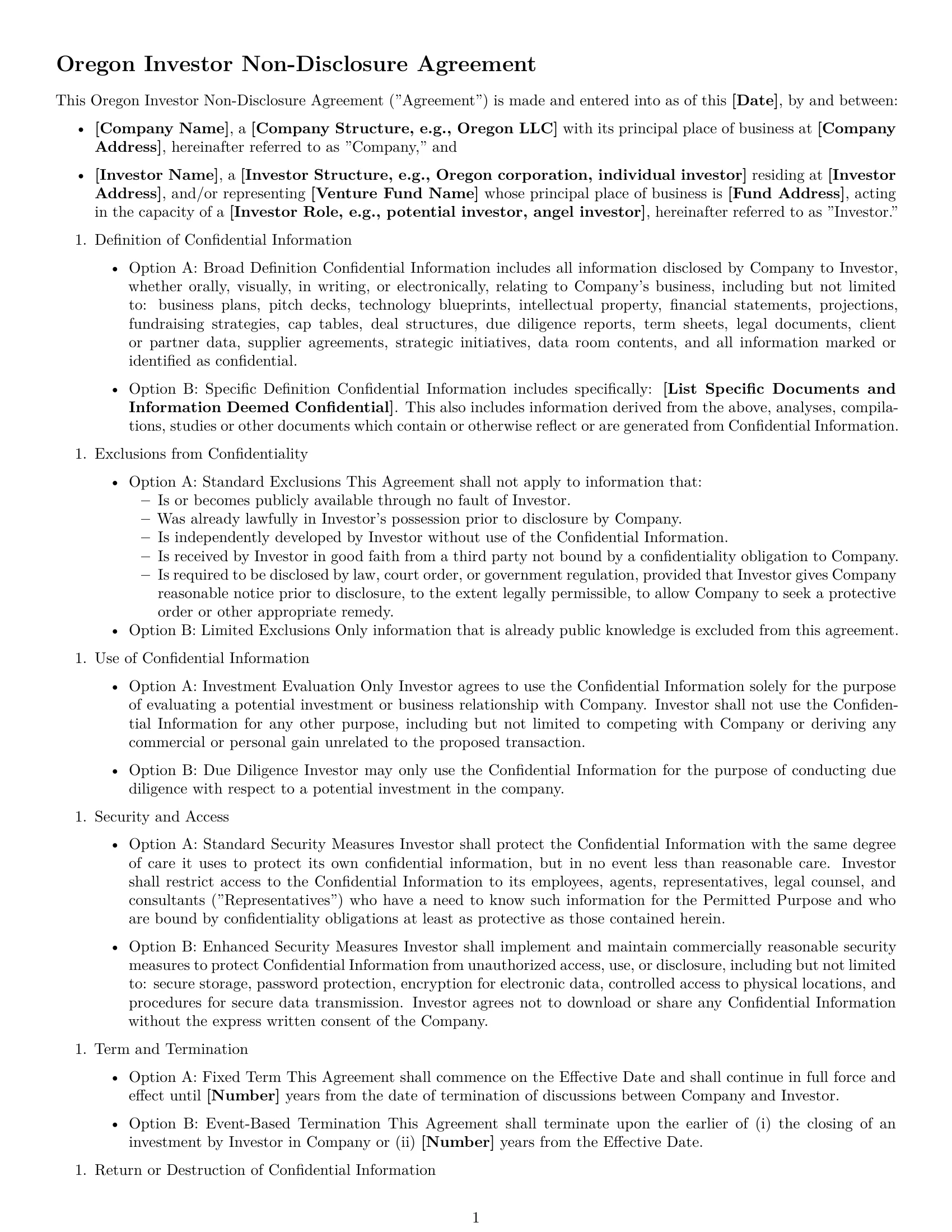 Preview page 1 of Free Oregon investor nda template