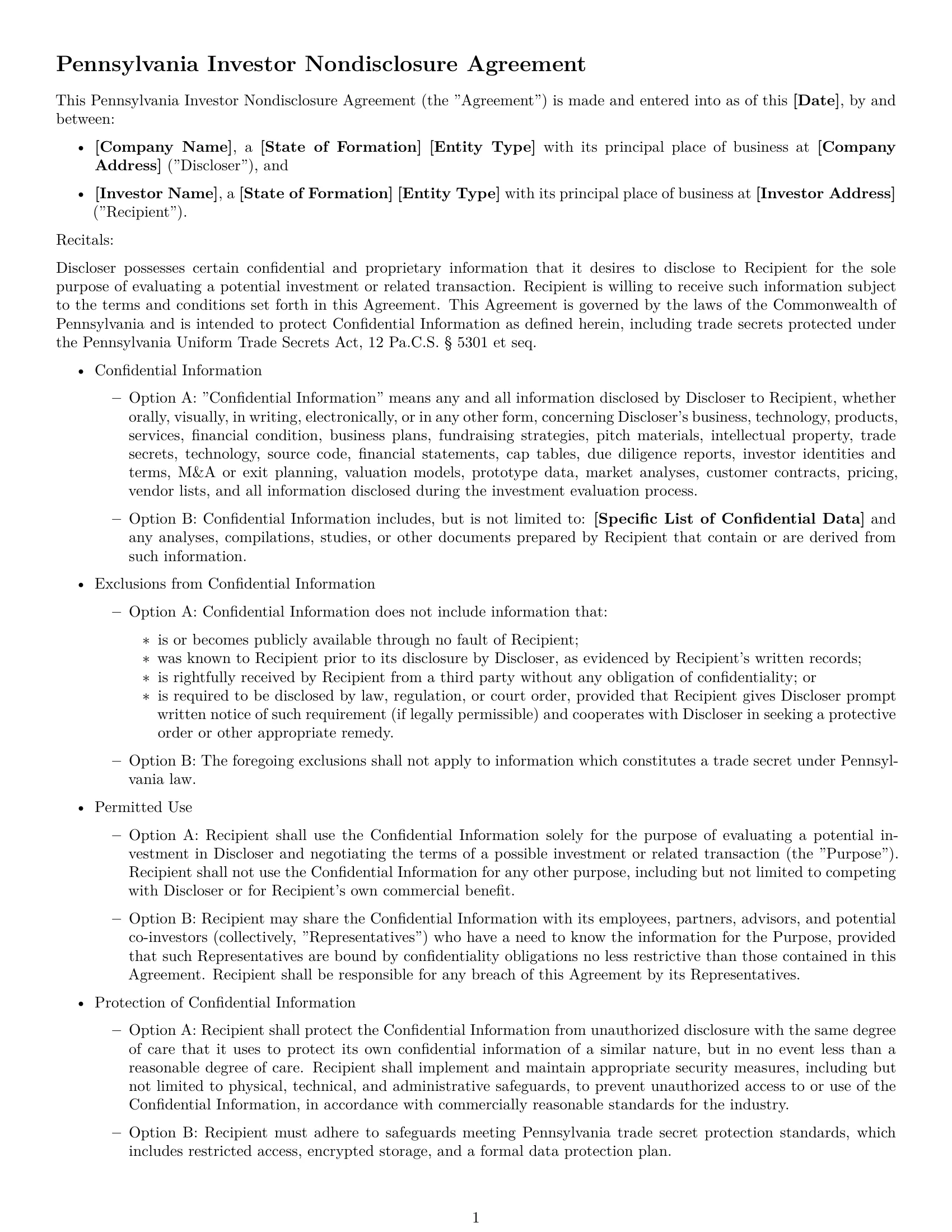 Preview page 1 of Free Pennsylvania investor nda template