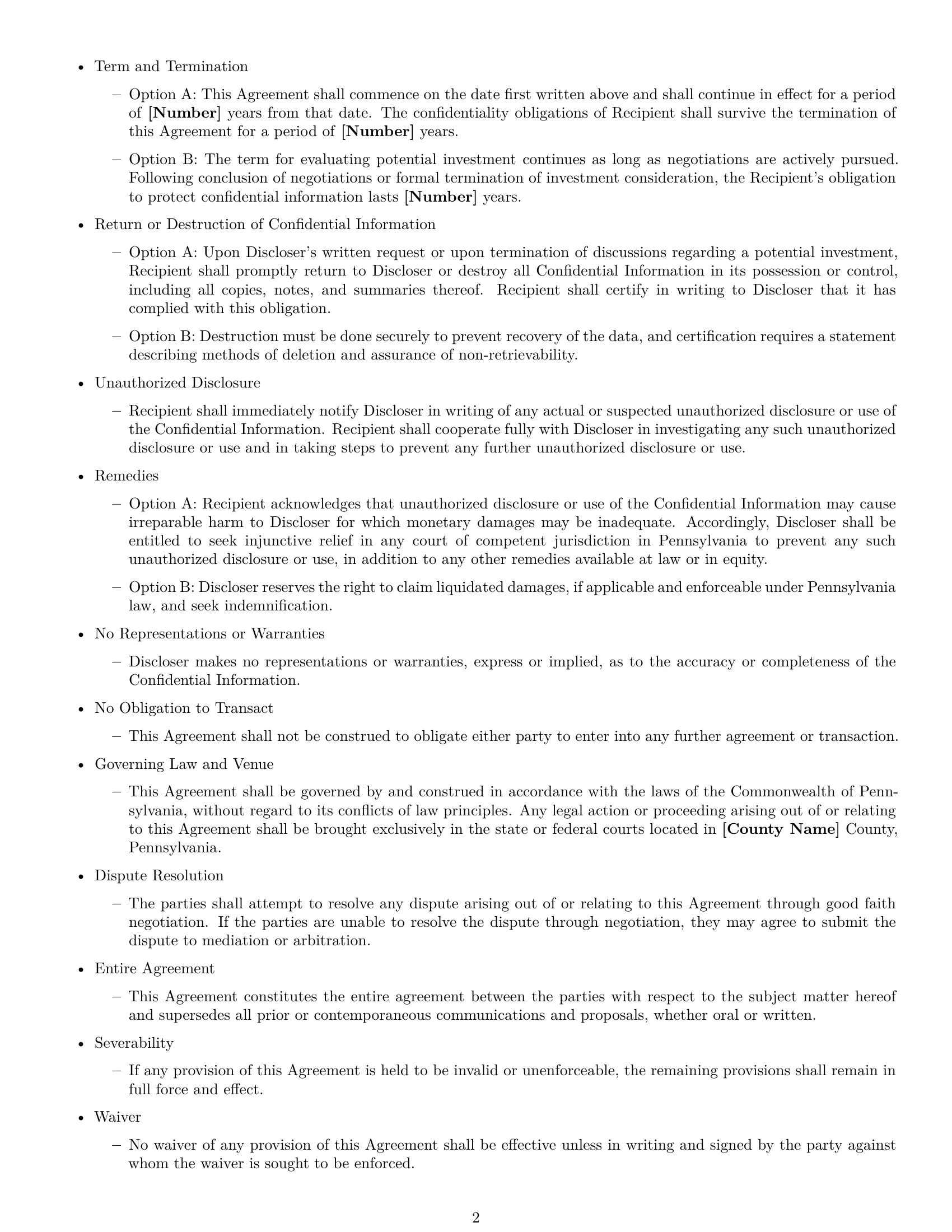 Preview page 2 of Free Pennsylvania investor nda template