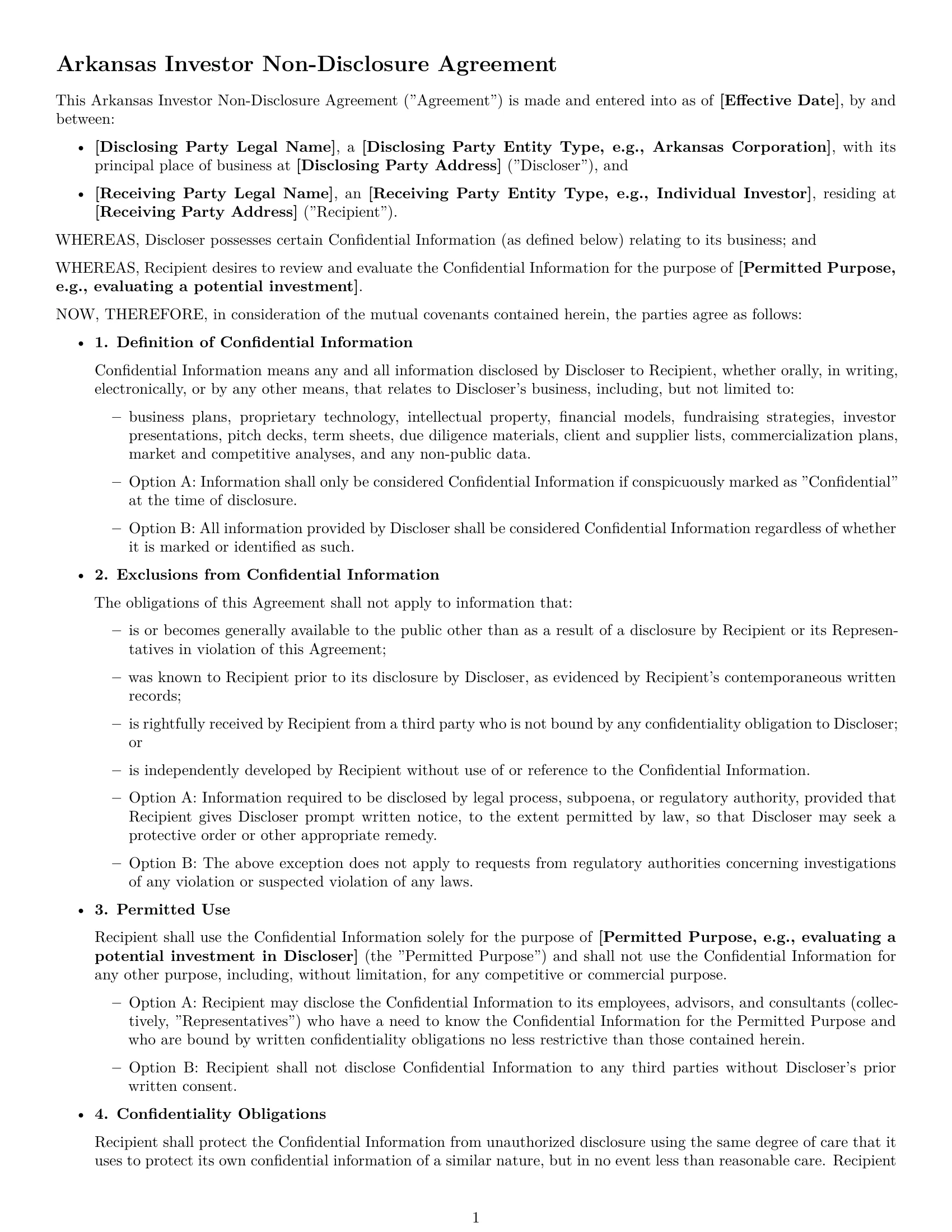 Preview page 1 of Free Arkansas investor nda template