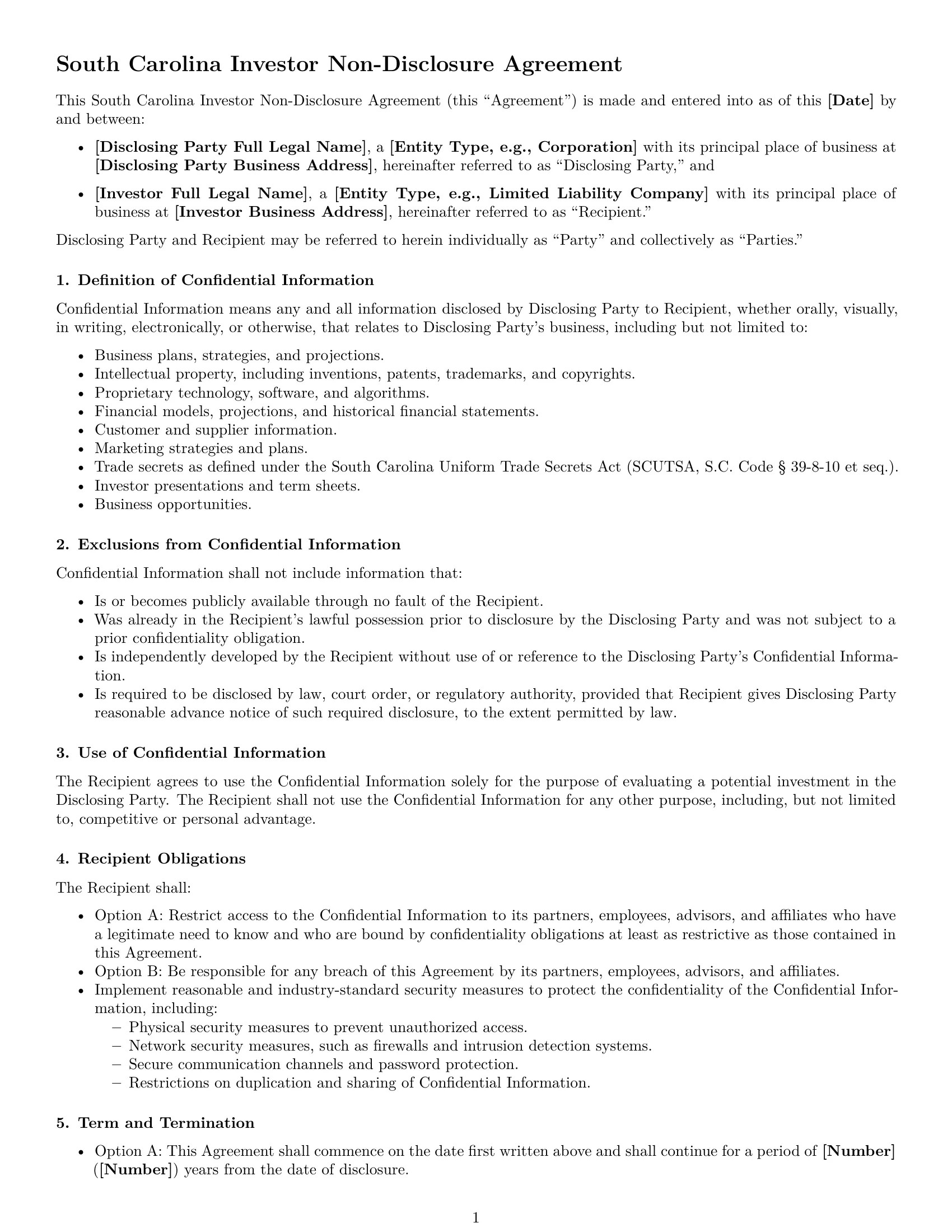 Preview page 1 of Free South Carolina investor nda template