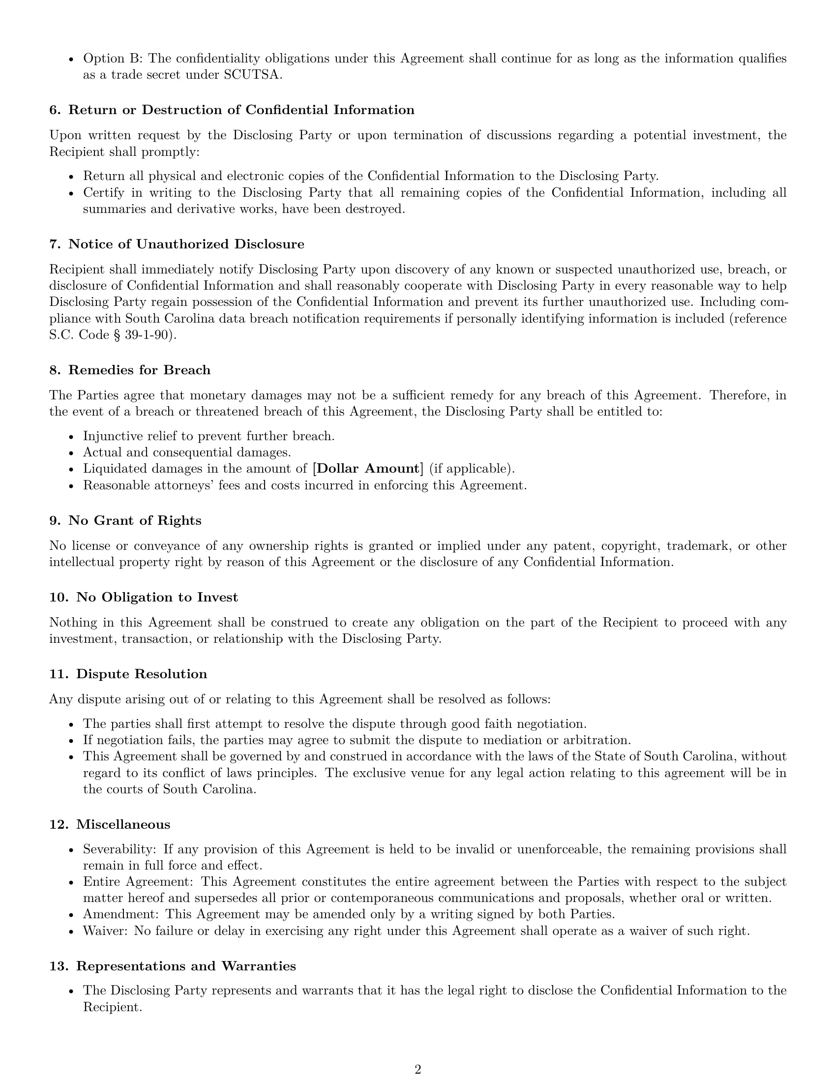 Preview page 2 of Free South Carolina investor nda template