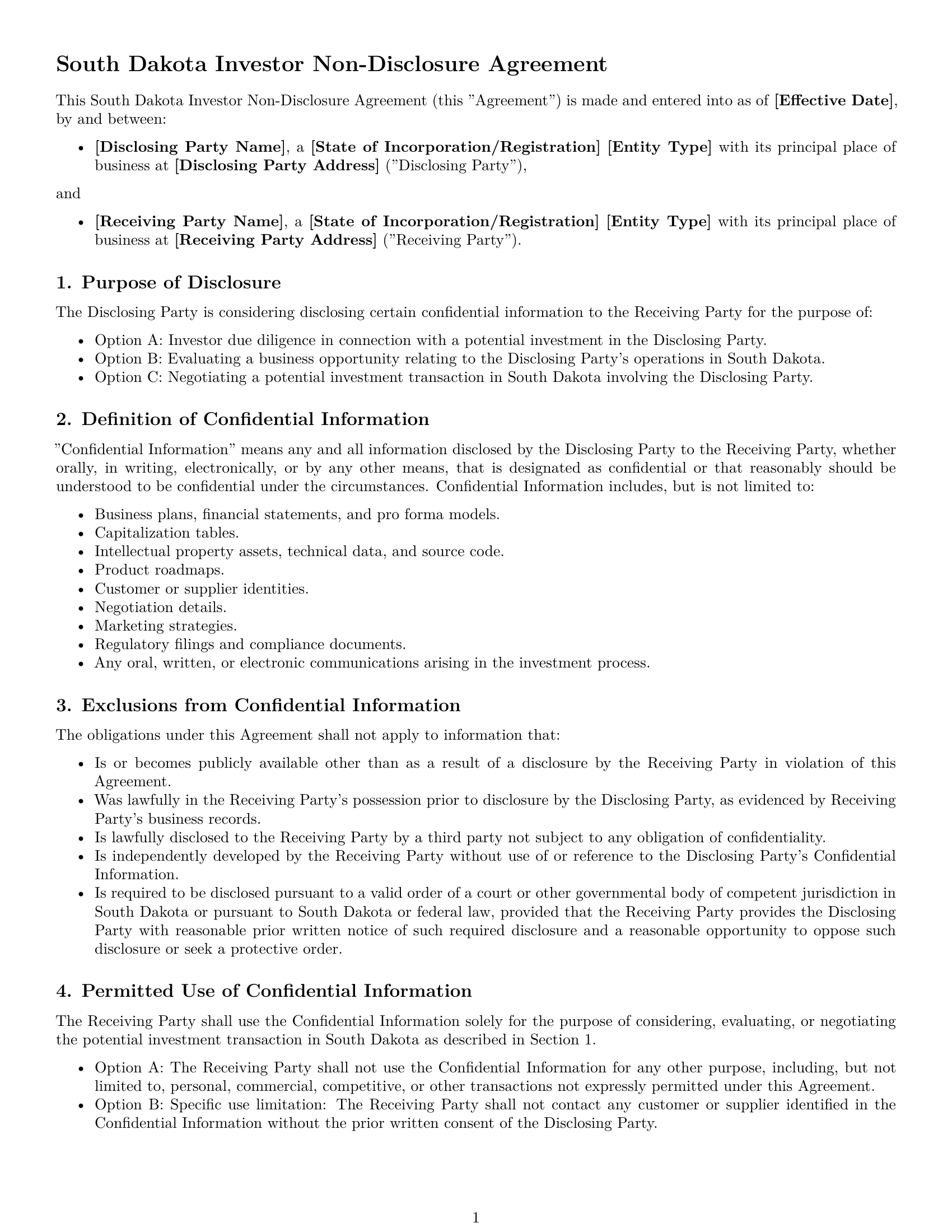 Preview page 1 of Free South Dakota investor nda template