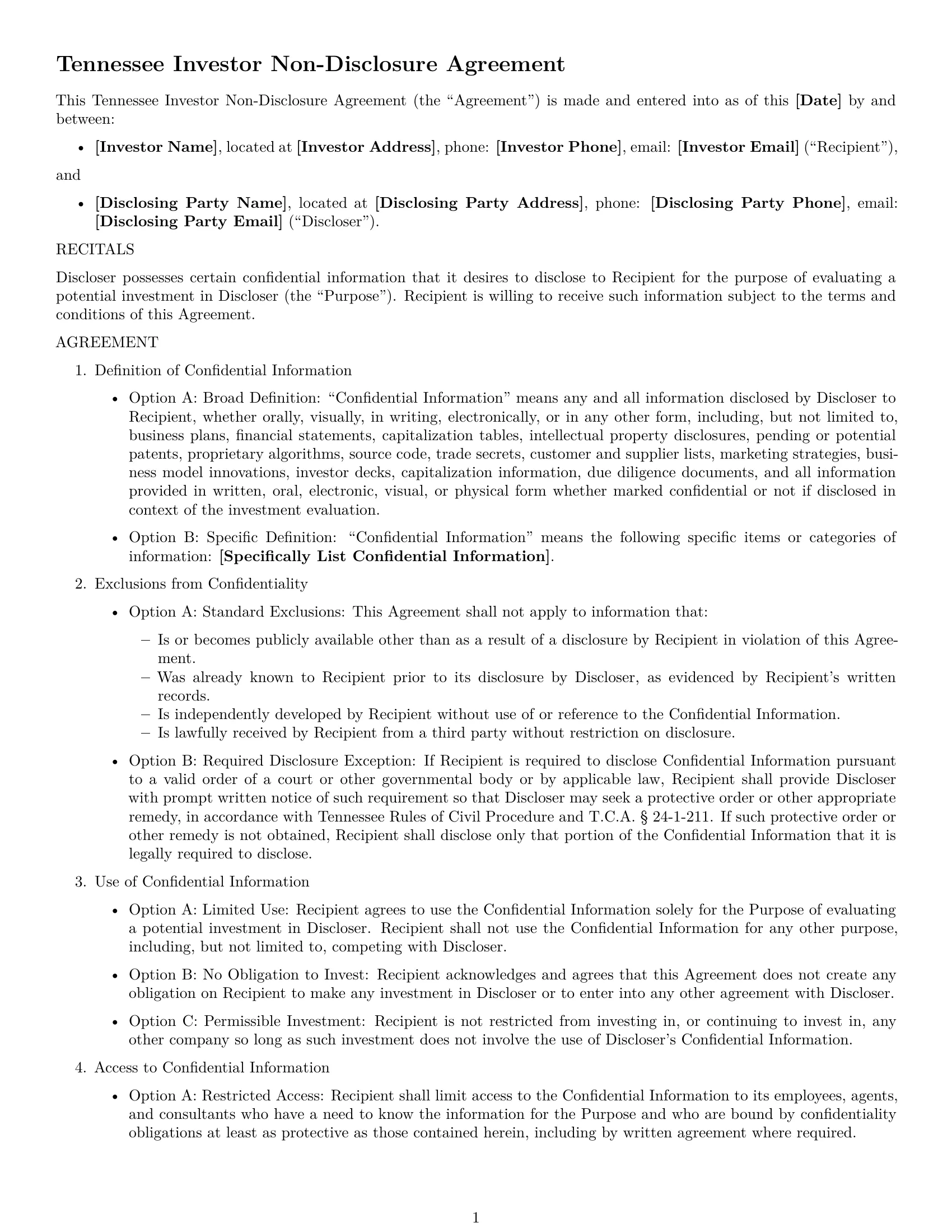 Preview page 1 of Free Tennessee investor nda template