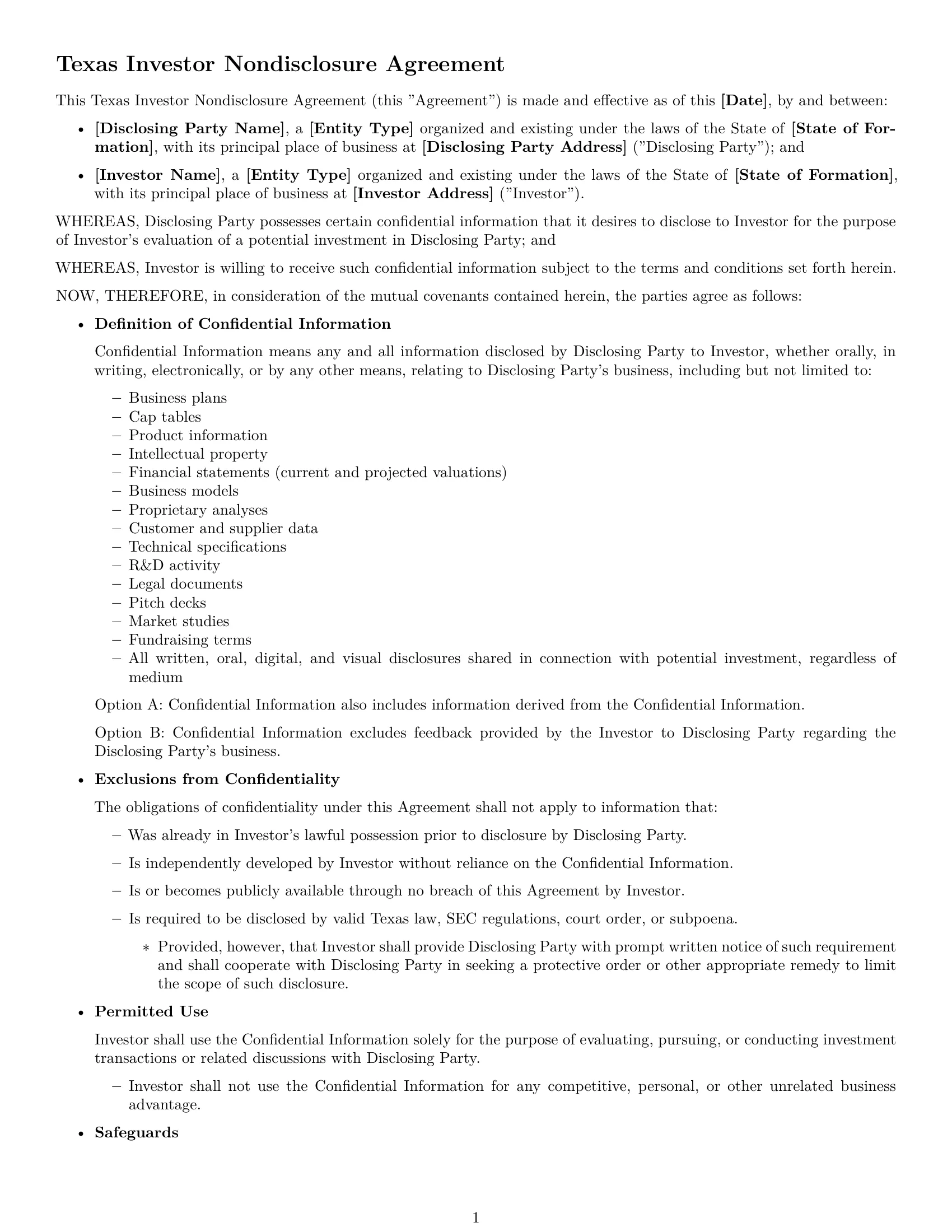 Preview page 1 of Free Texas investor nda template