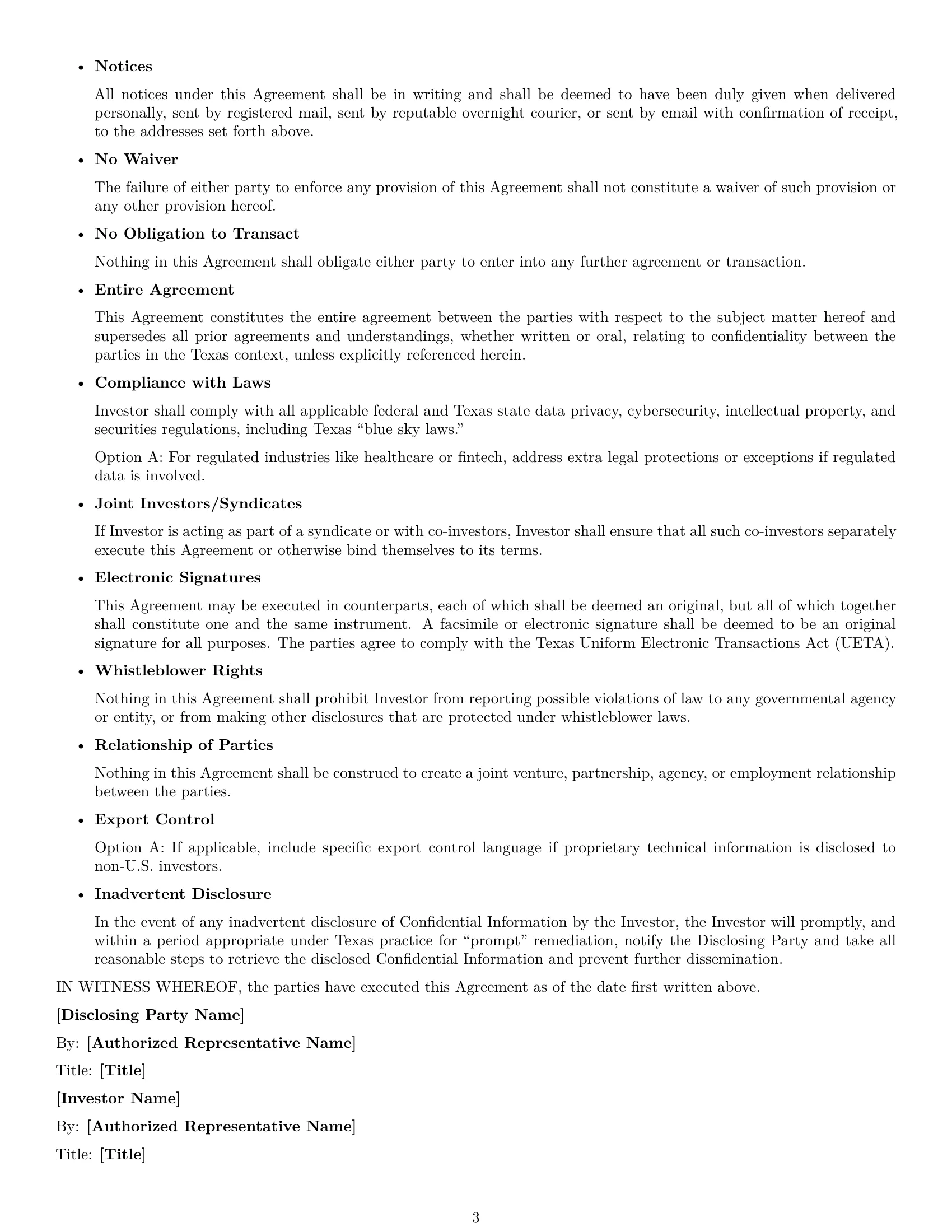 Preview page 3 of Free Texas investor nda template