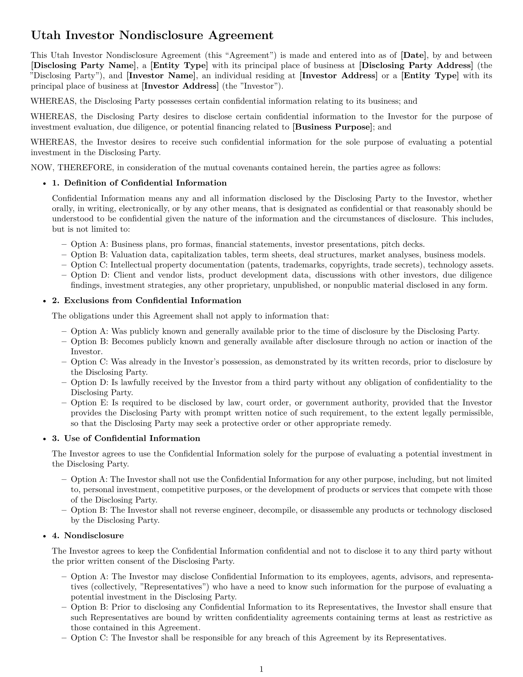 Preview page 1 of Free Utah investor nda template