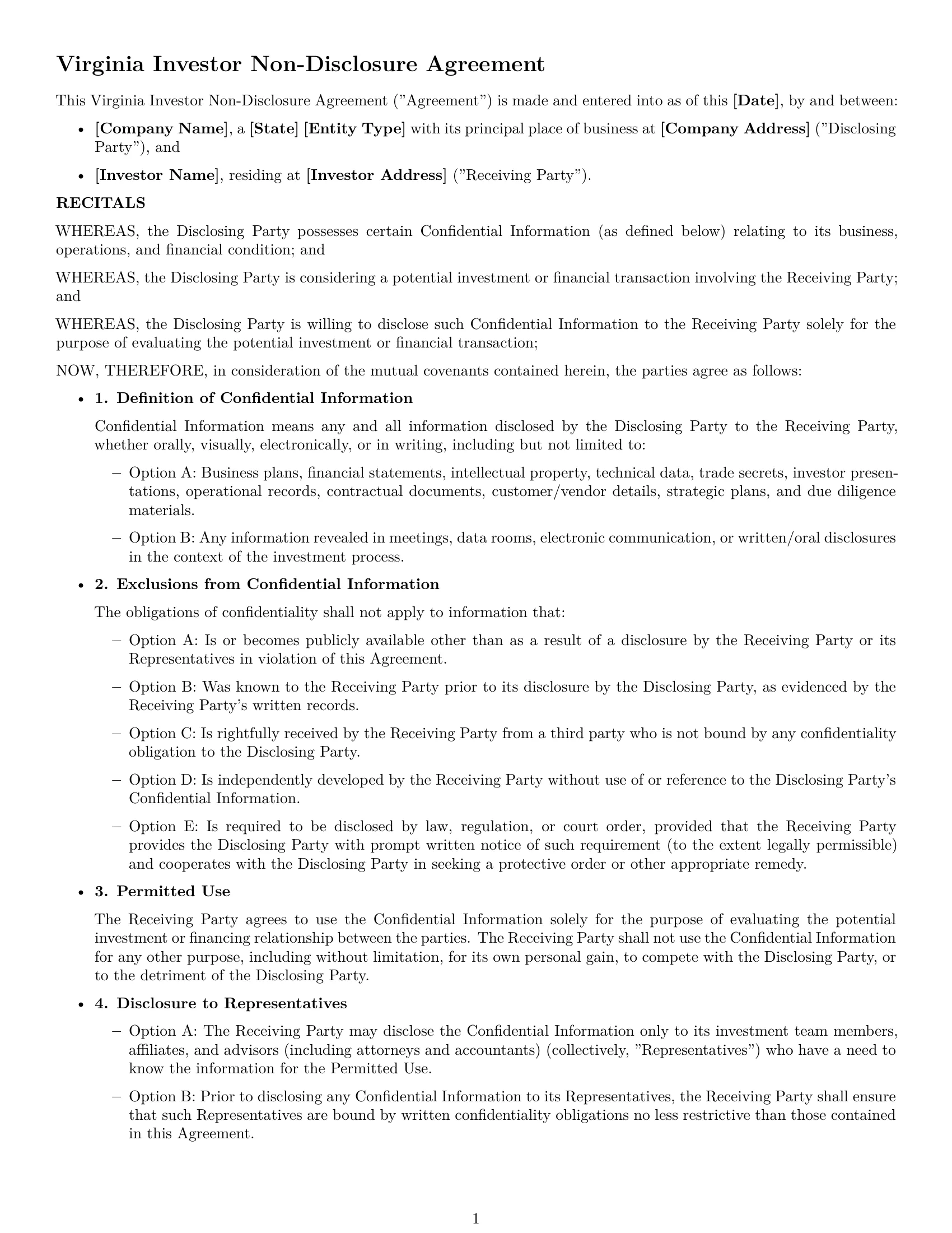 Preview page 1 of Free Virginia investor nda template