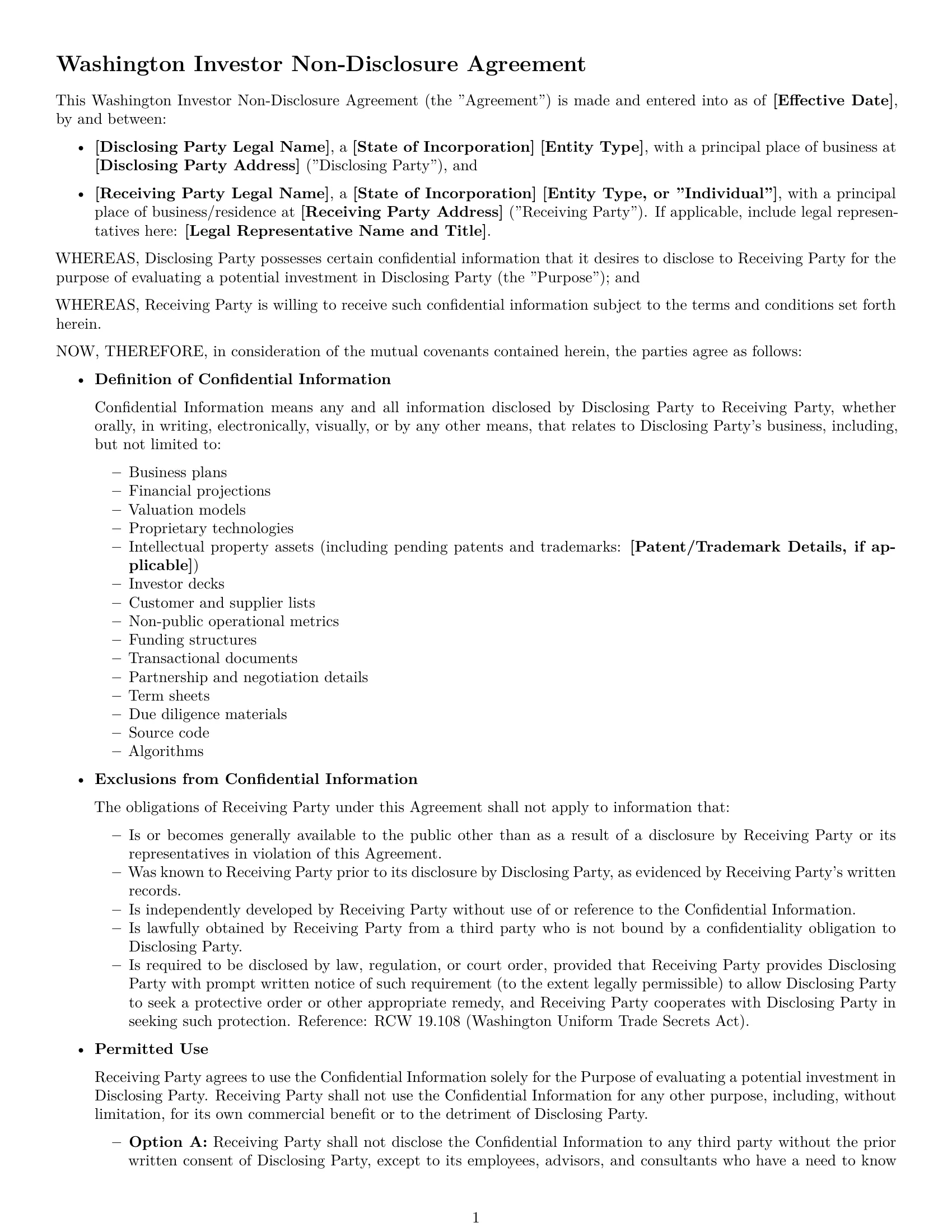 Preview page 1 of Free Washington investor nda template