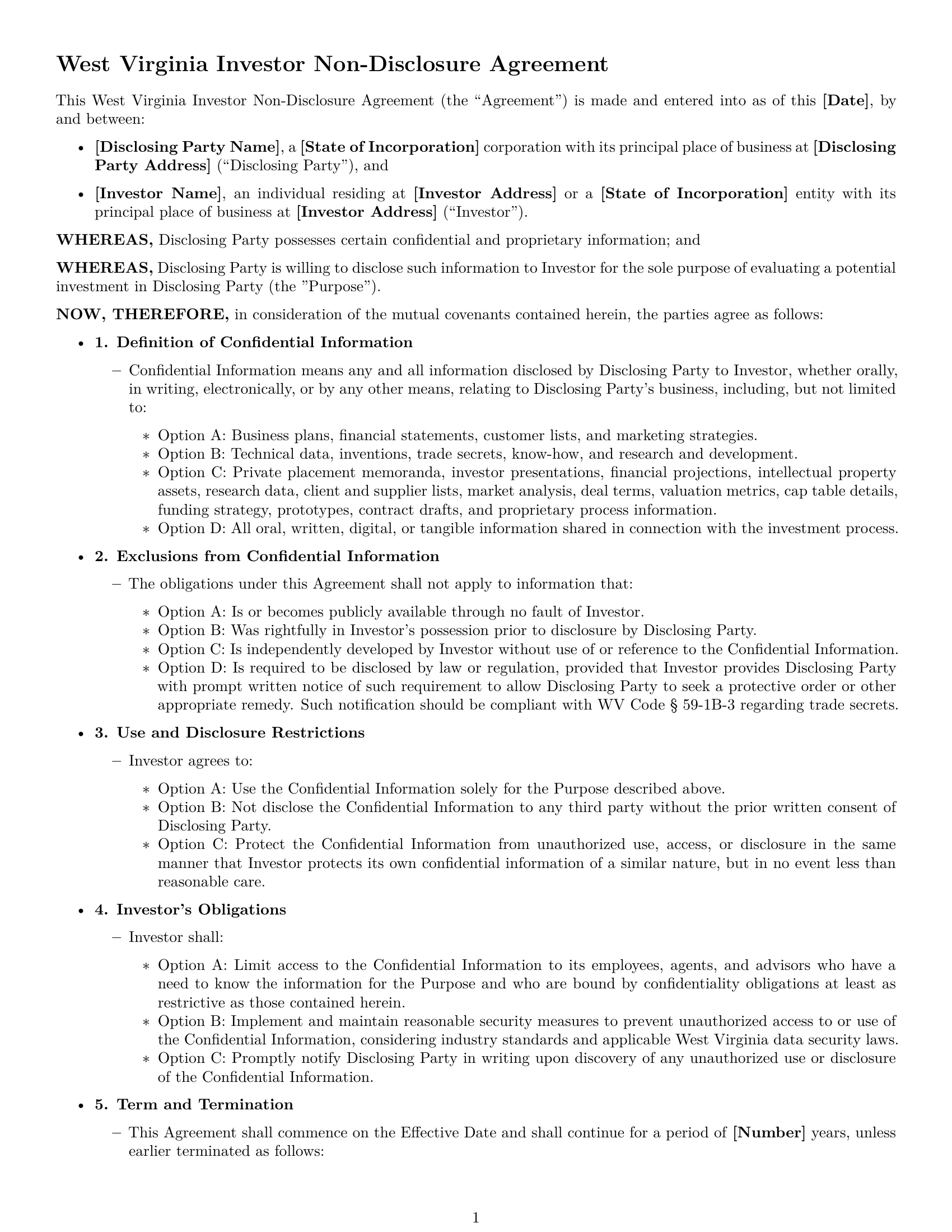 Preview page 1 of Free West Virginia investor nda template