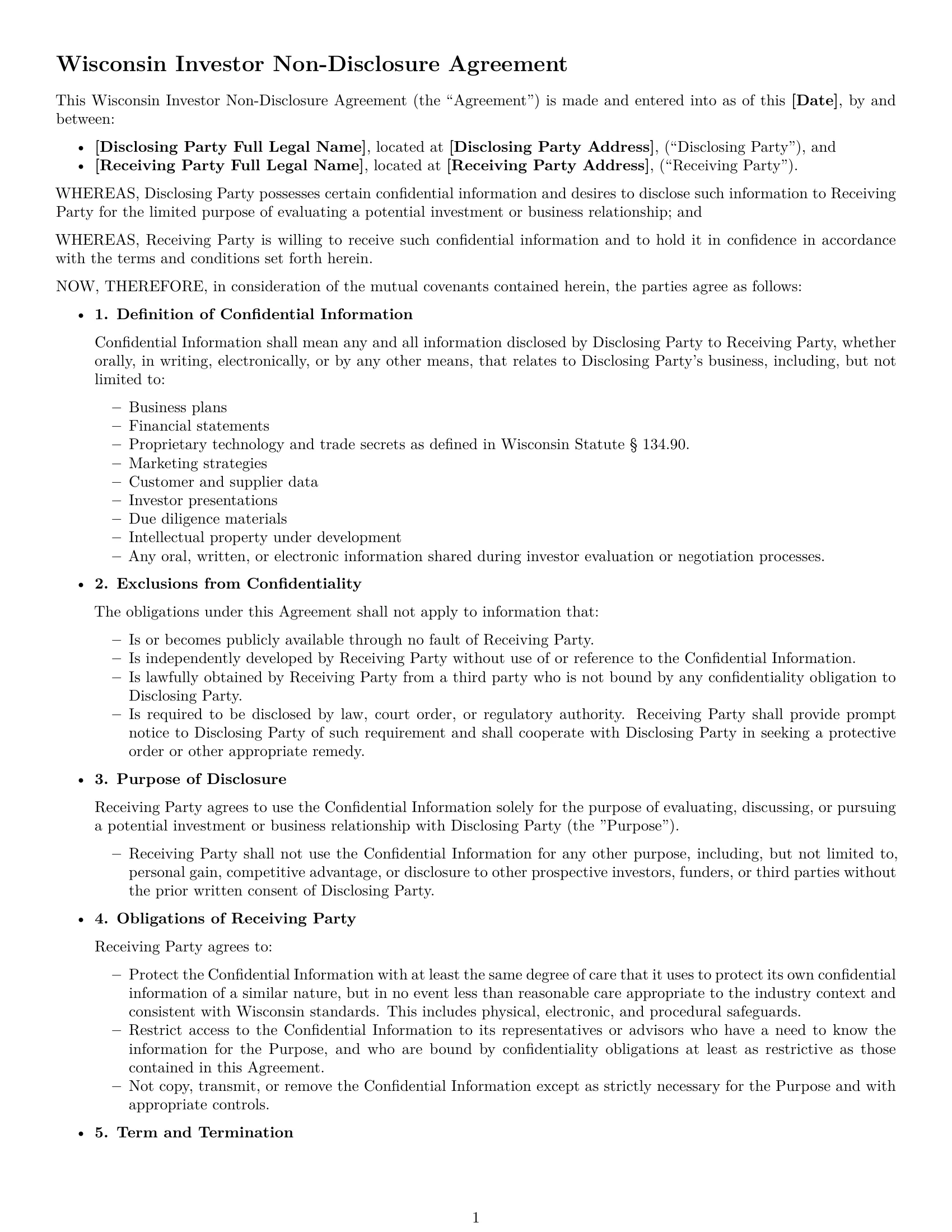 Preview page 1 of Free Wisconsin investor nda template