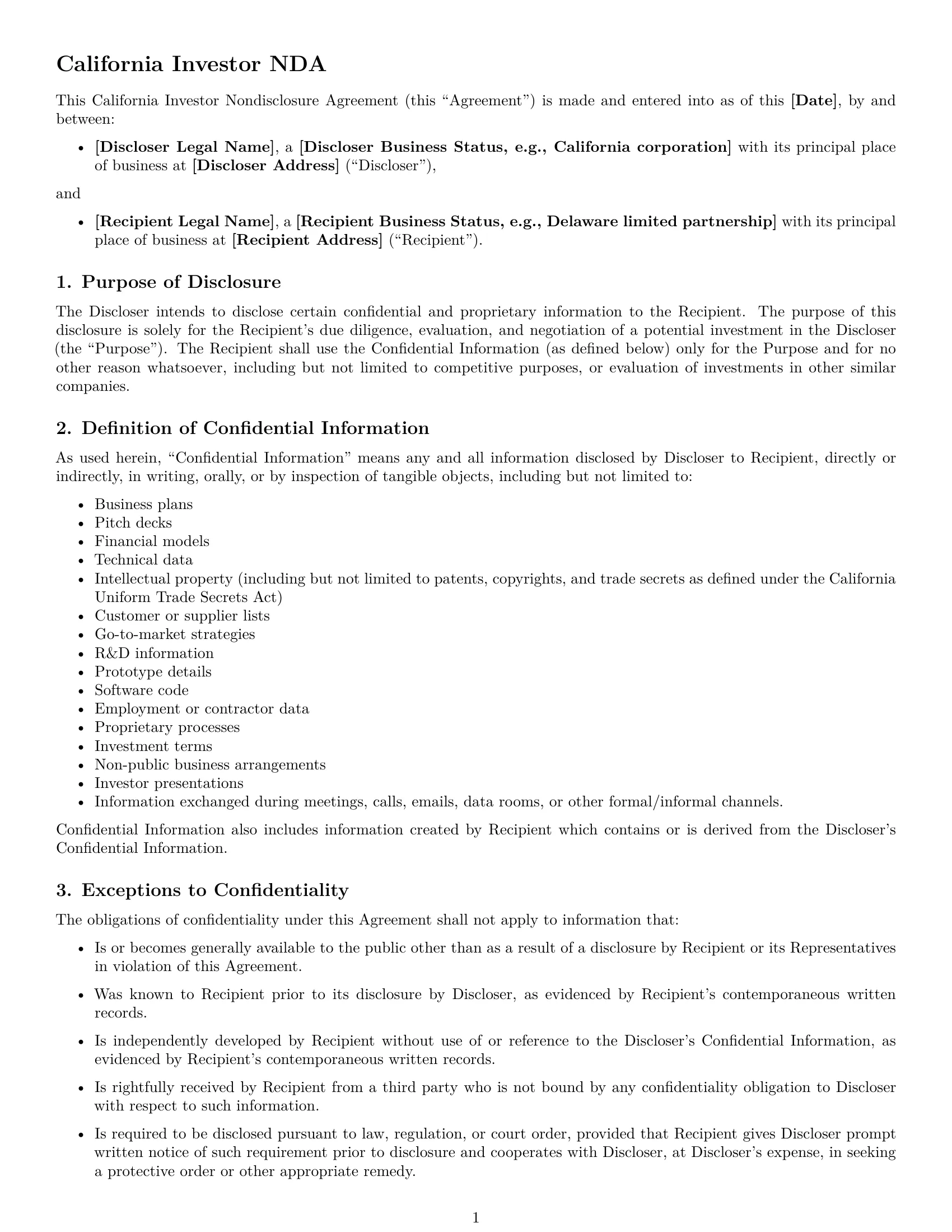 Preview page 1 of Free California investor nda template