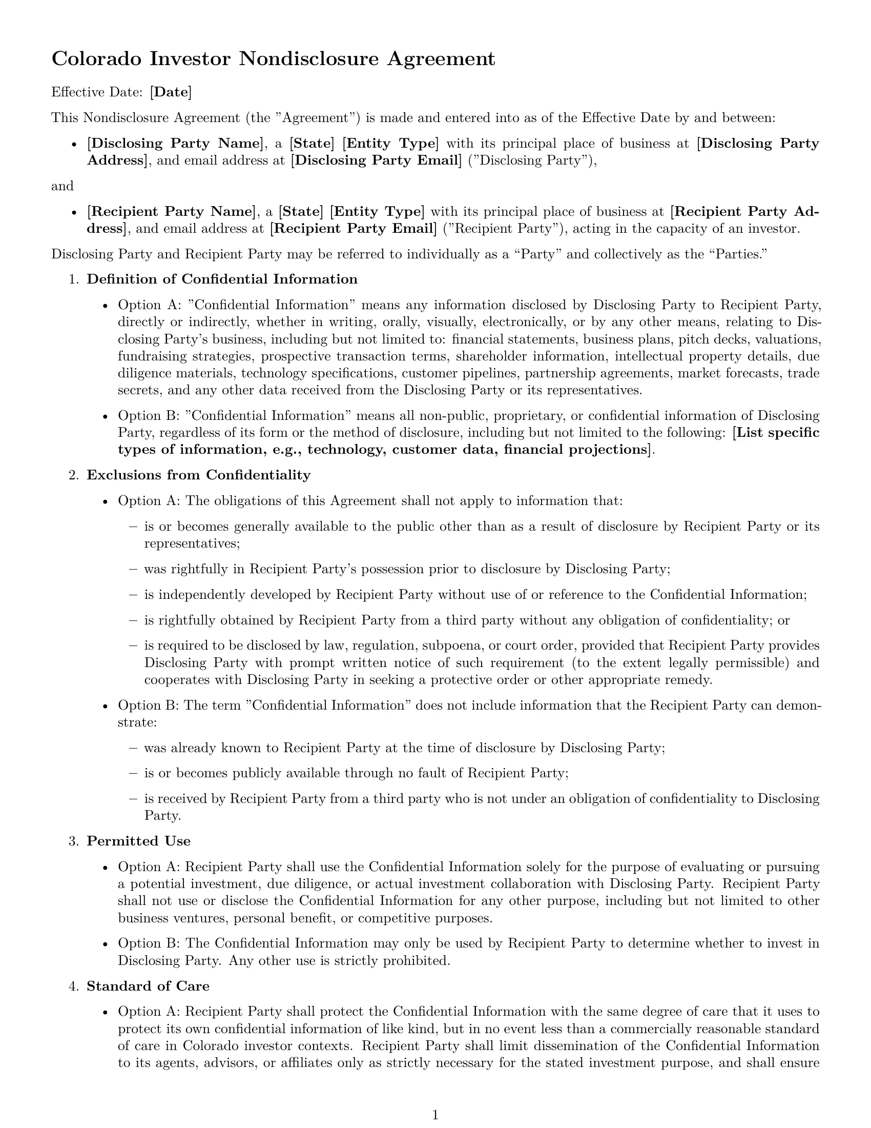 Preview page 1 of Free Colorado investor nda template