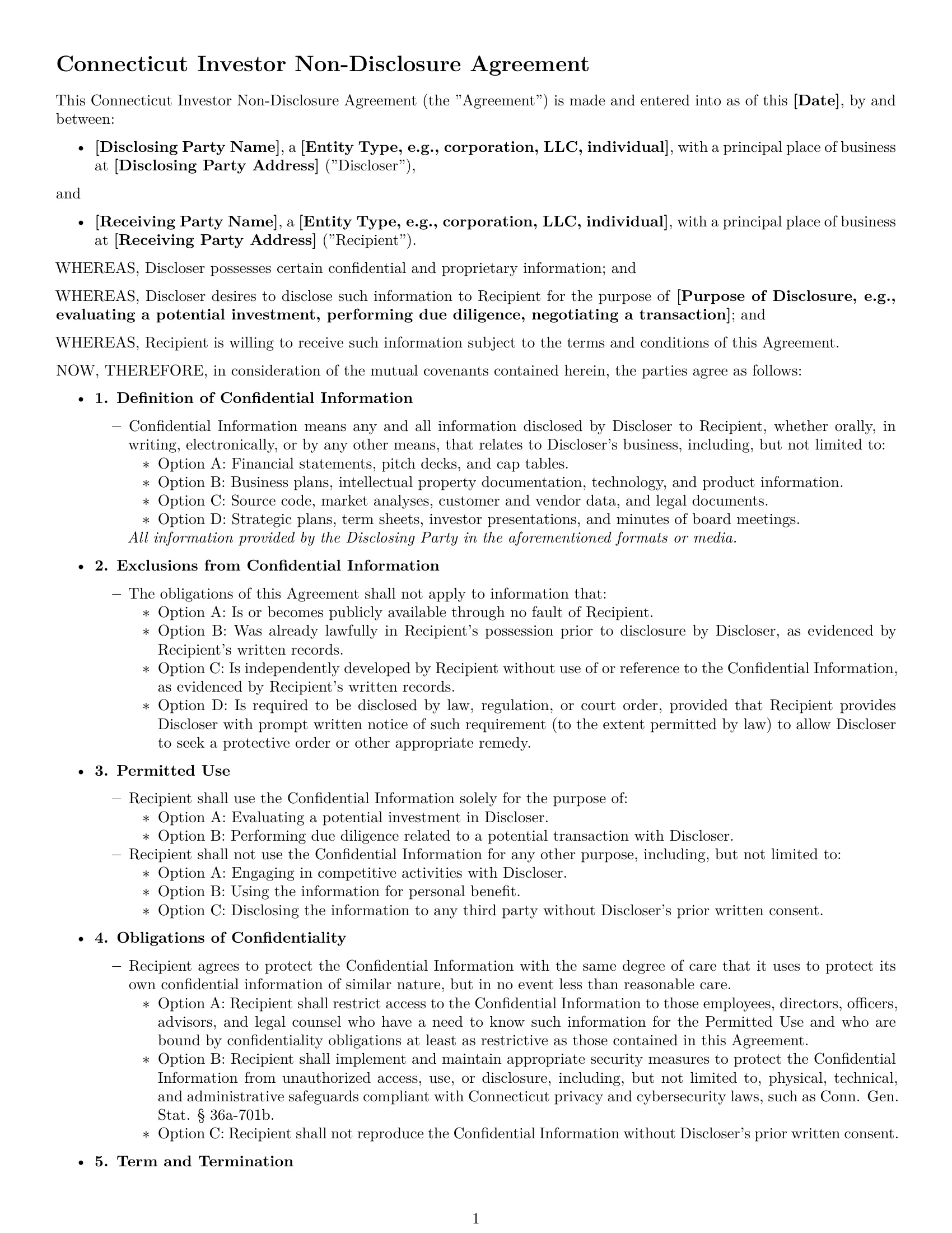 Preview page 1 of Free Connecticut investor nda template