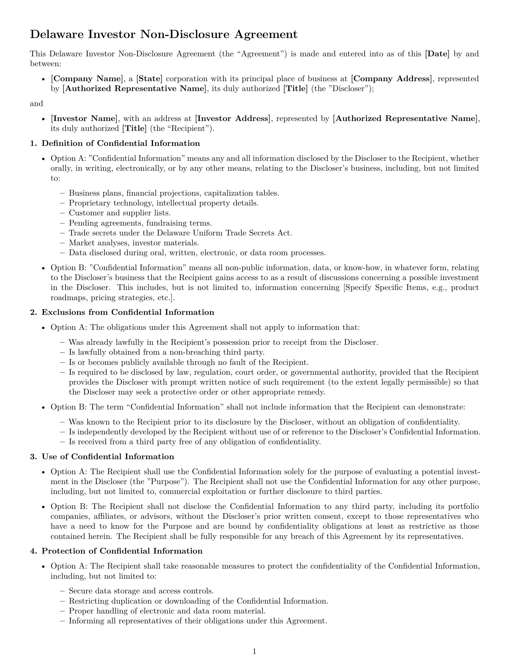 Preview page 1 of Free Delaware investor nda template