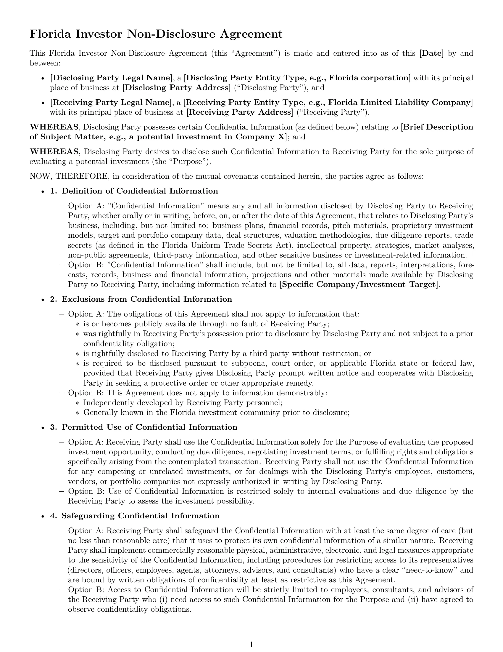 Preview page 1 of Free Florida investor nda template