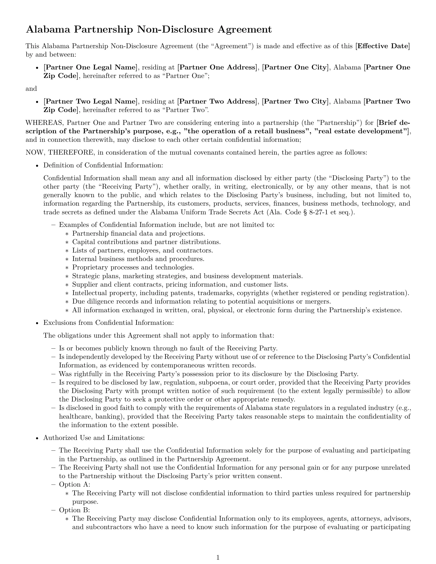 Preview page 1 of Free Alabama partnership nda template