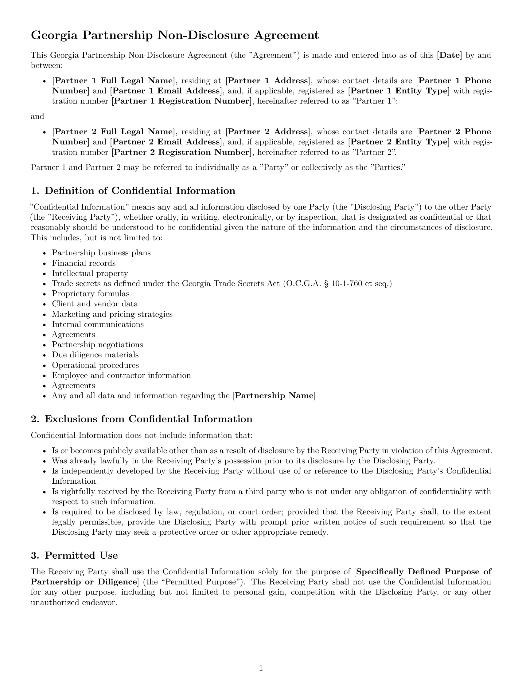 Preview page 1 of Free Georgia partnership nda template