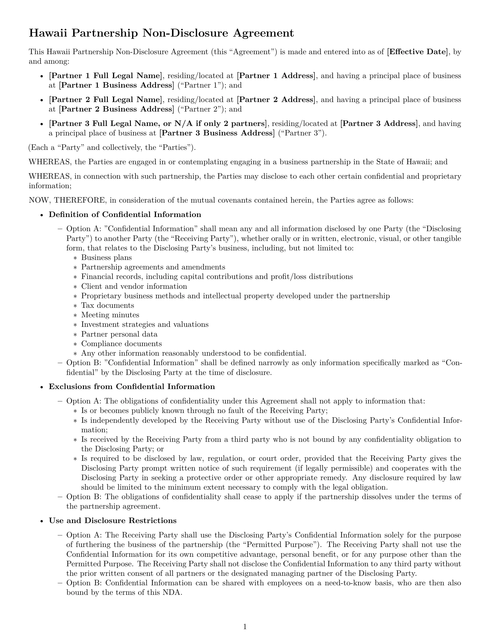 Preview page 1 of Free Hawaii partnership nda template