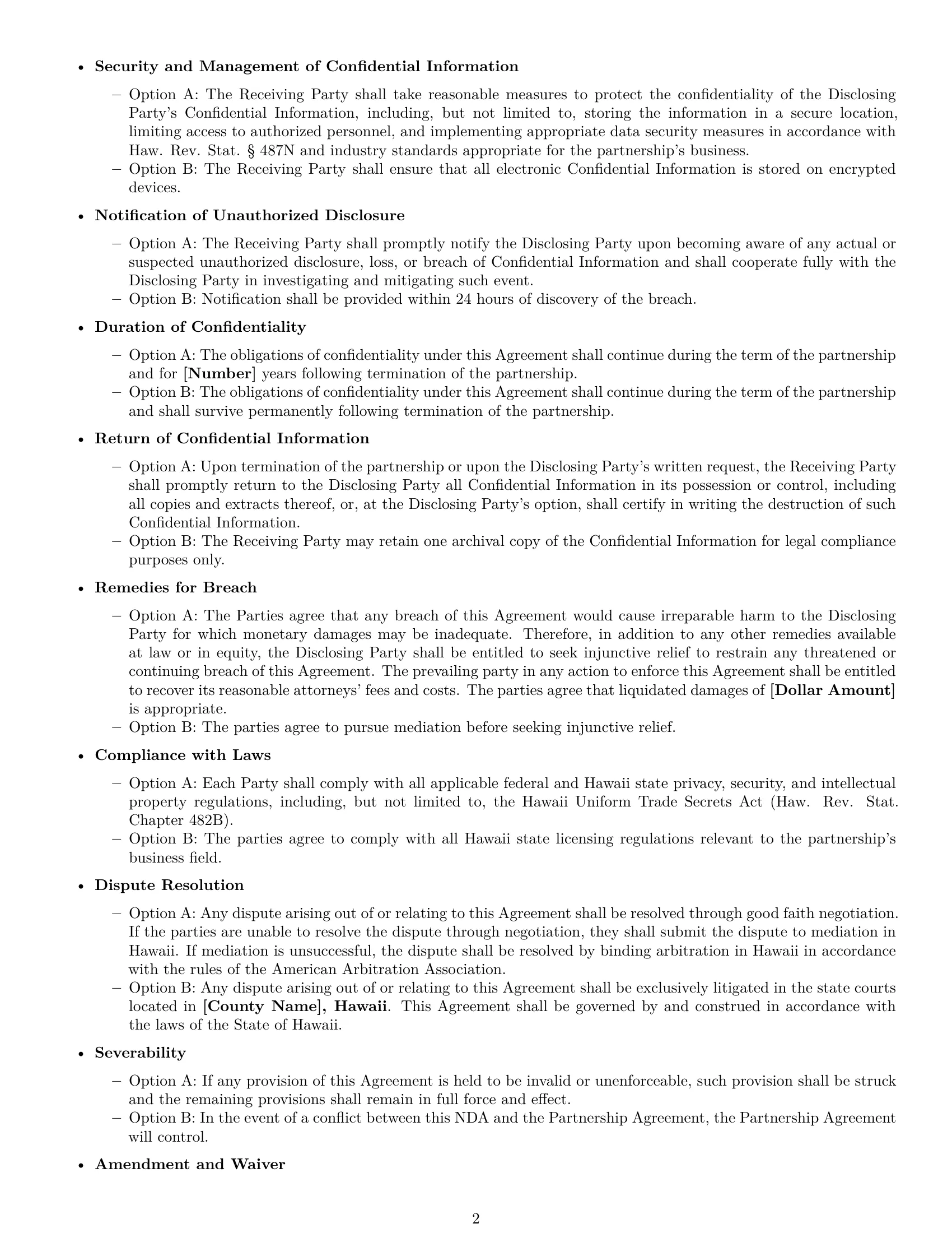 Preview page 2 of Free Hawaii partnership nda template