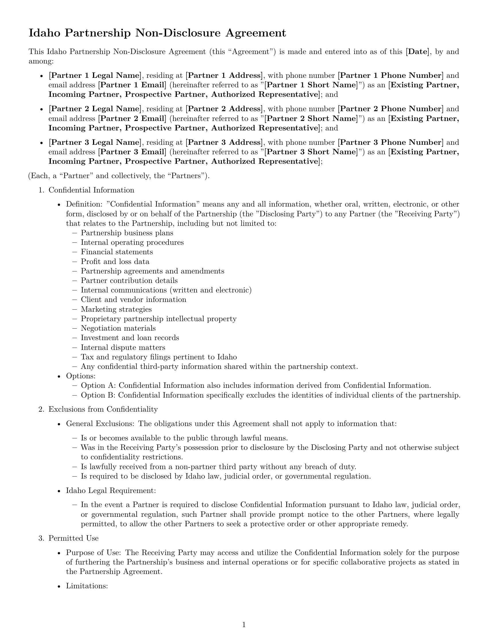 Preview page 1 of Free Idaho partnership nda template
