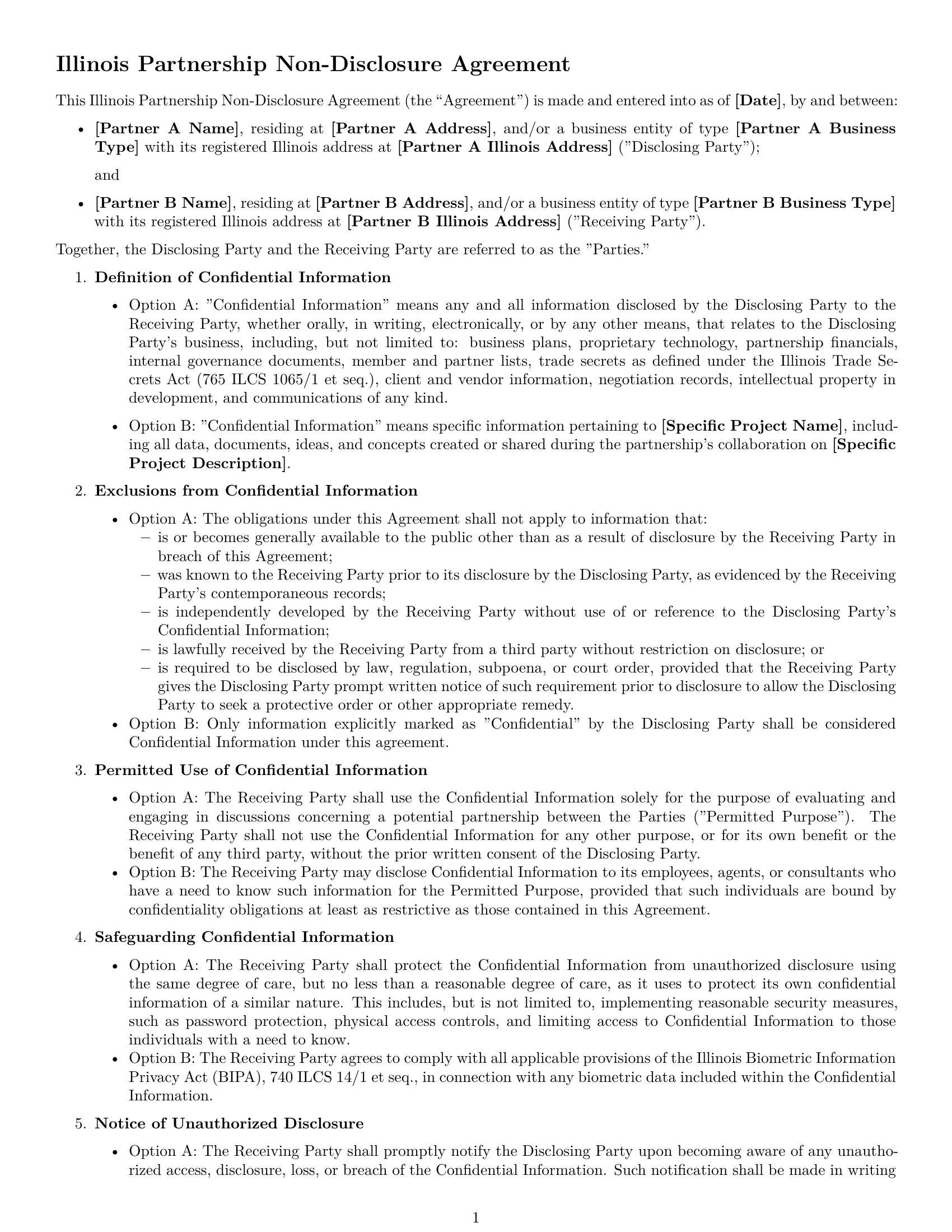 Preview page 1 of Free Illinois partnership nda template