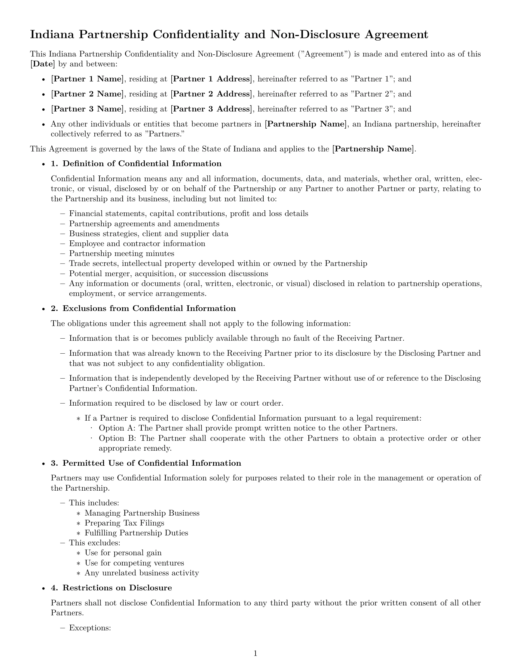 Preview page 1 of Free Indiana partnership nda template