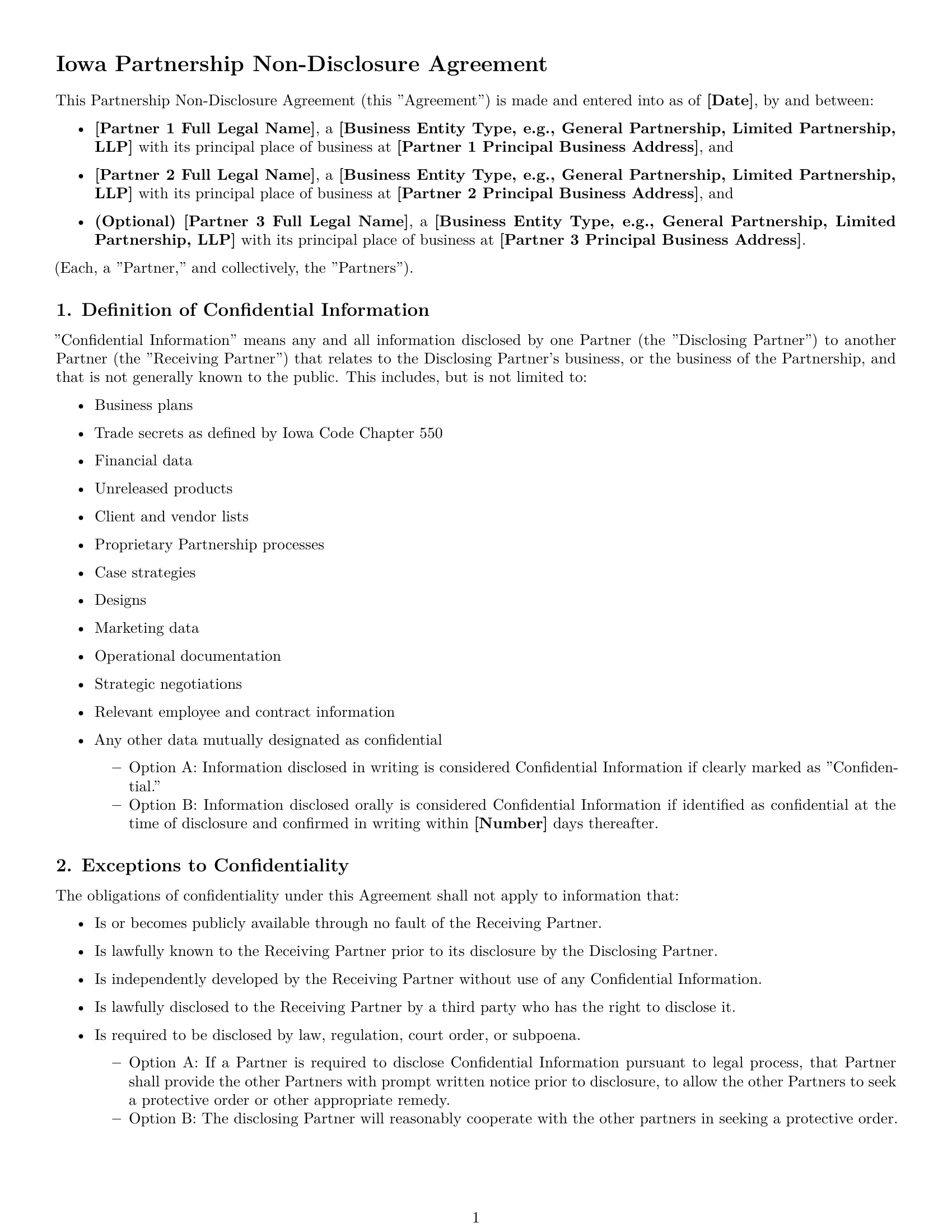 Preview page 1 of Free Iowa partnership nda template