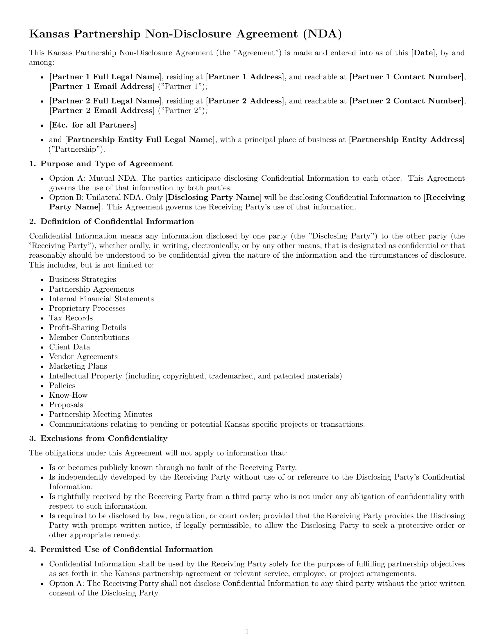 Preview page 1 of Free Kansas partnership nda template
