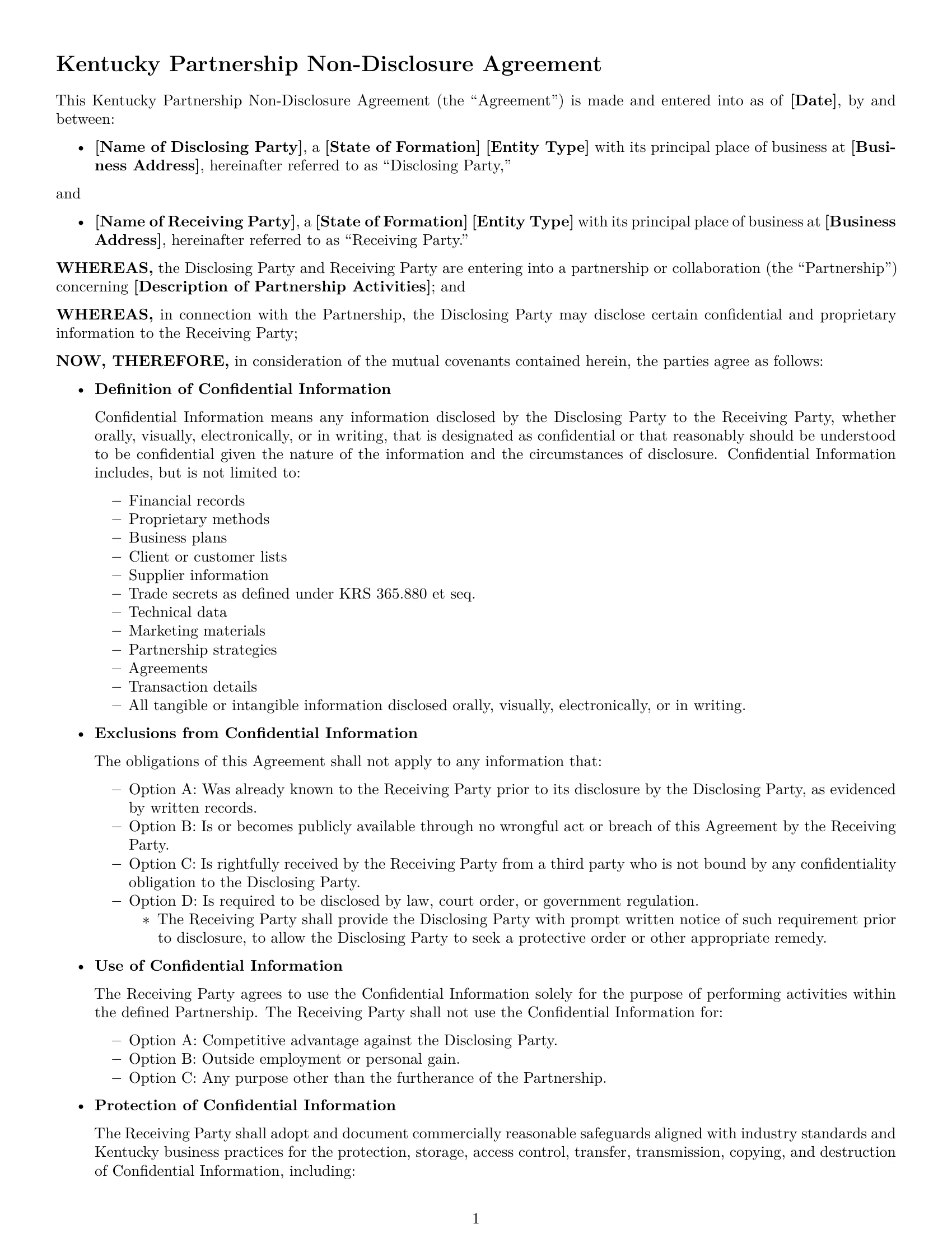 Preview page 1 of Free Kentucky partnership nda template