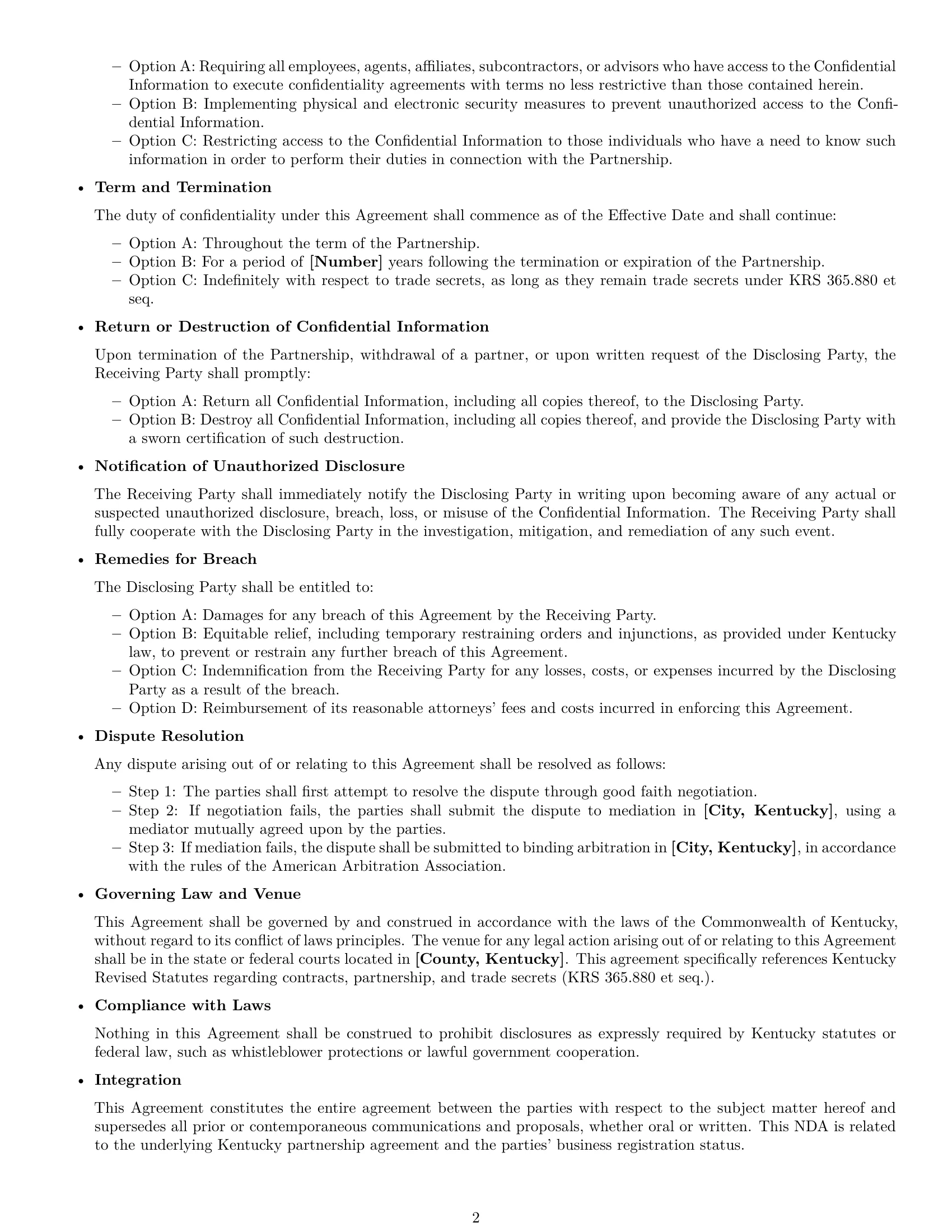 Preview page 2 of Free Kentucky partnership nda template