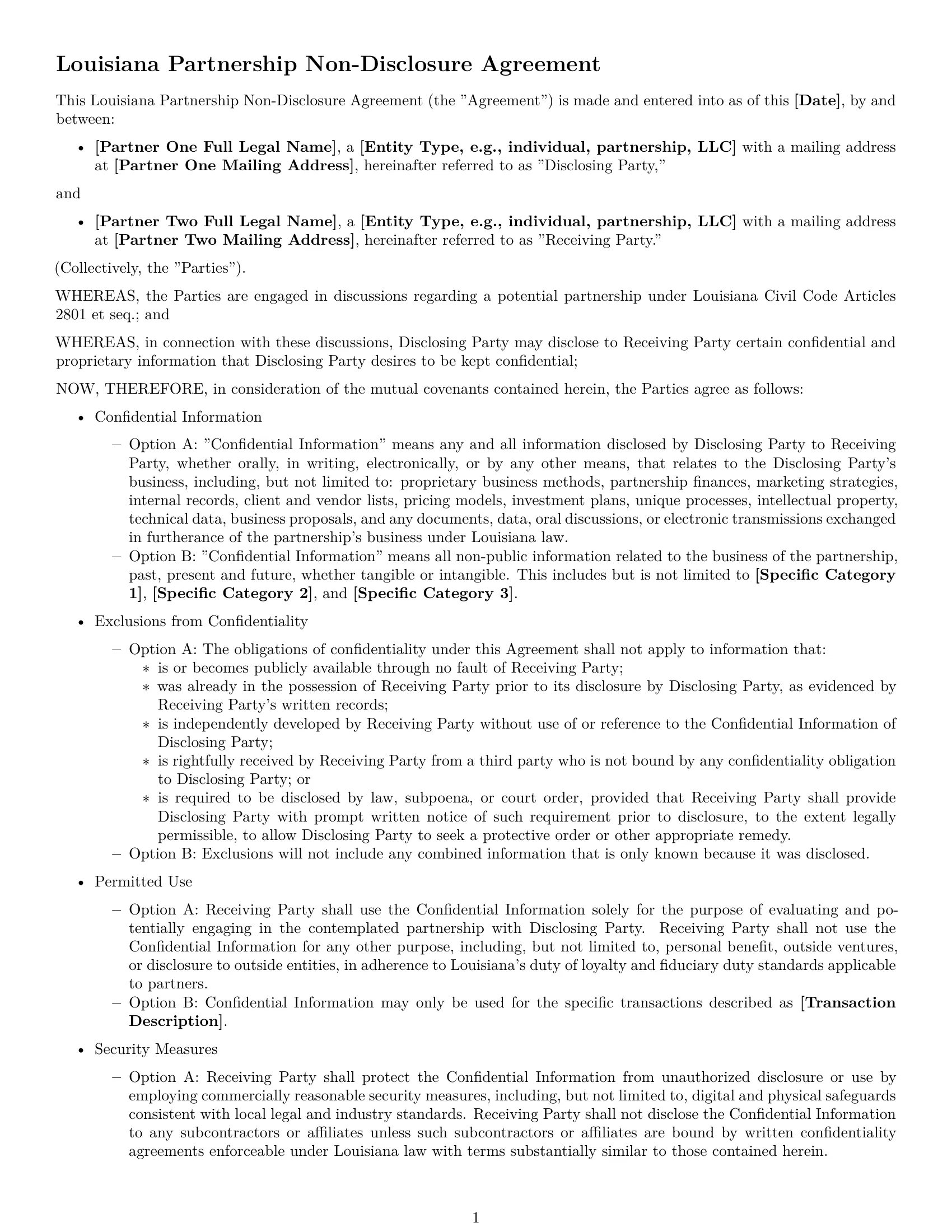 Preview page 1 of Free Louisiana partnership nda template