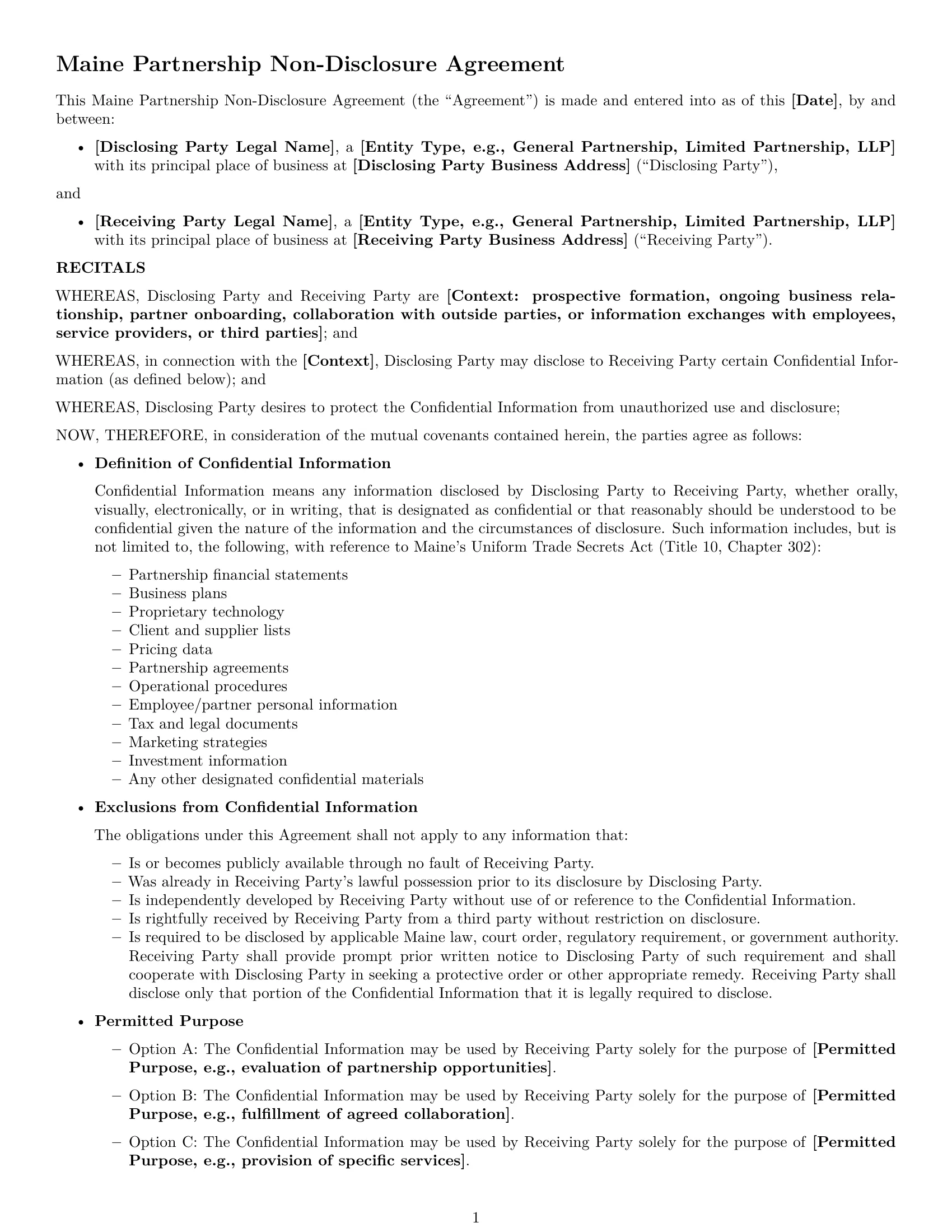 Preview page 1 of Free Maine partnership nda template