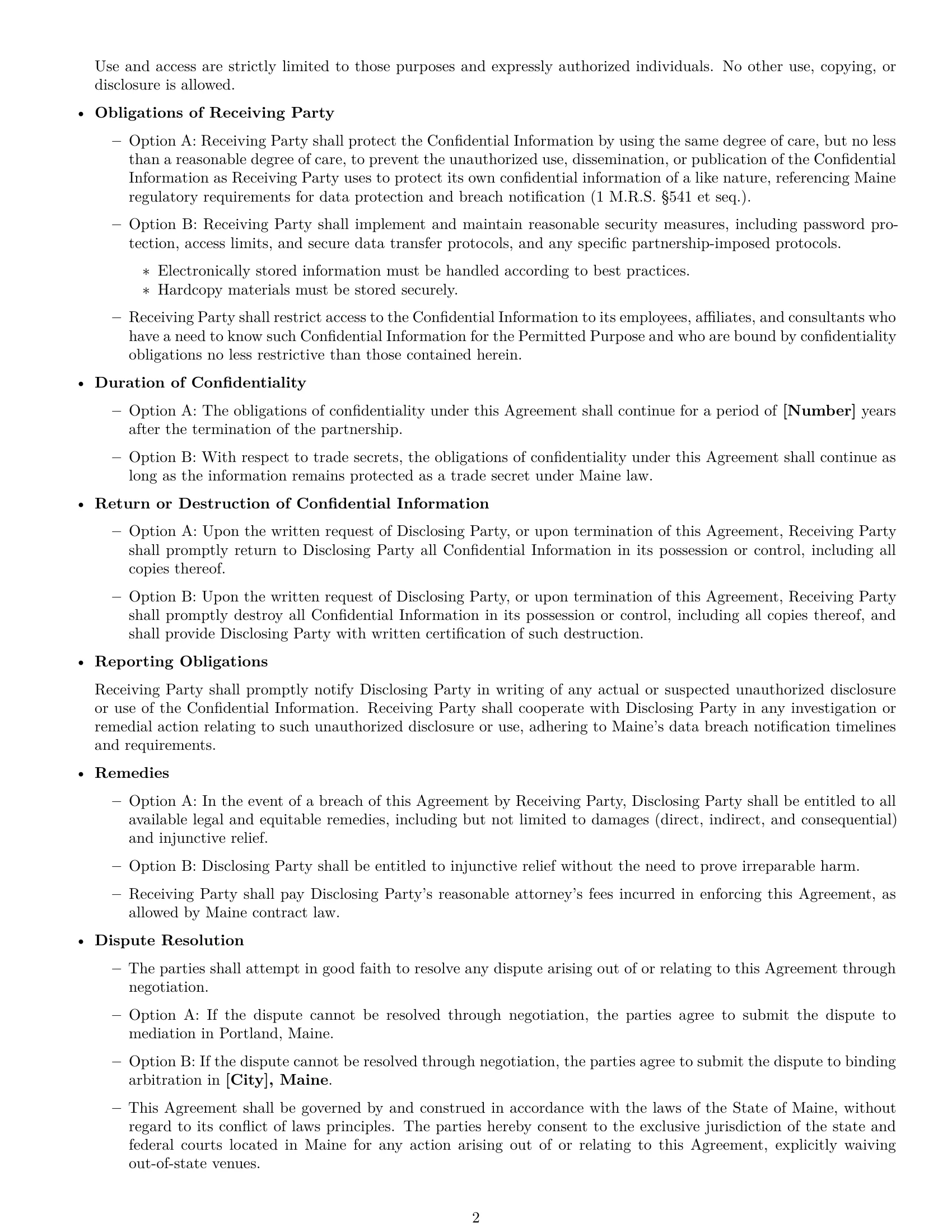 Preview page 2 of Free Maine partnership nda template