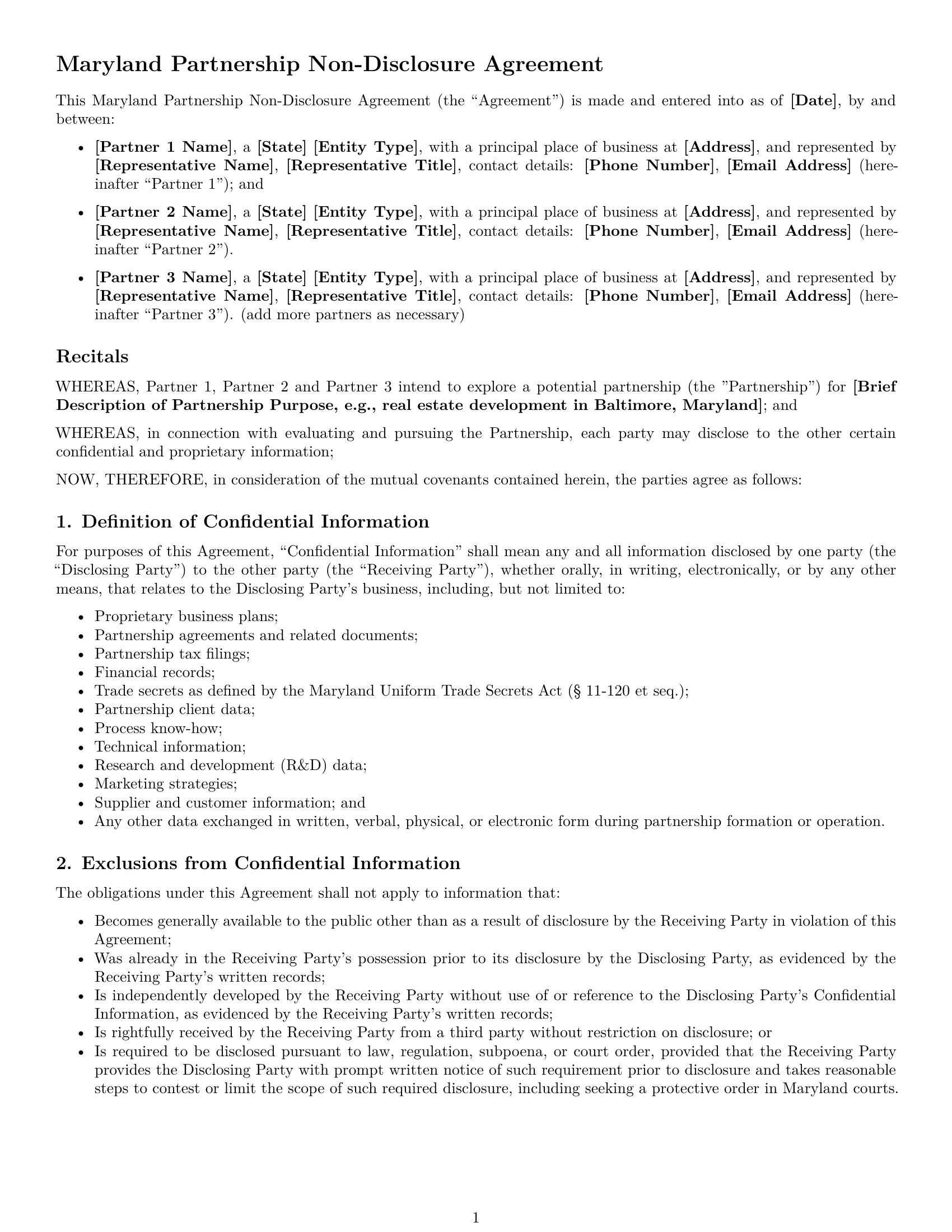 Preview page 1 of Free Maryland partnership nda template